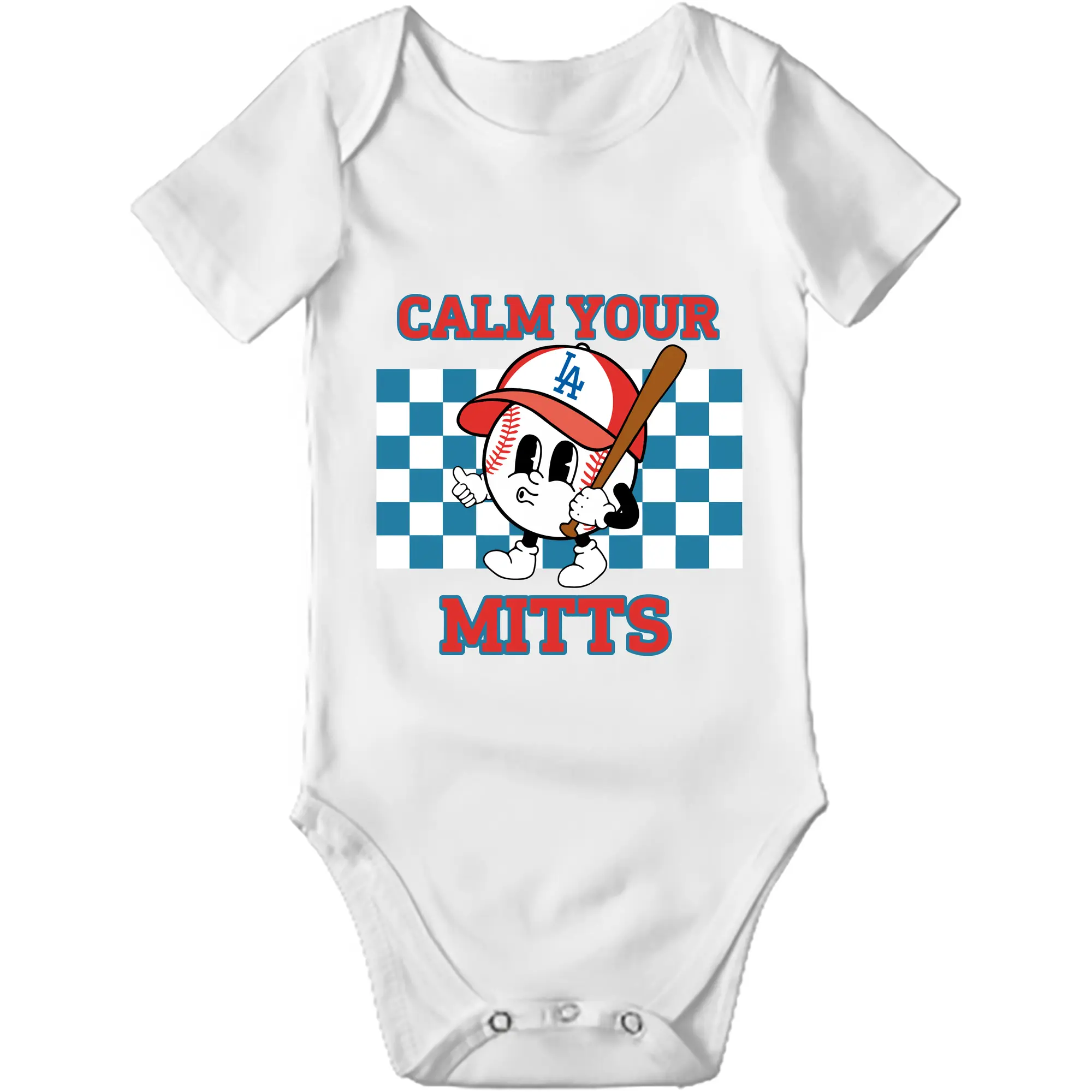 Baseball Calm Your Mitts Los Angeles Dodgers - Baby Short Sleeve Romper – 100% Cotton Soft & Breathable Digital Print Onesie With Easy Snap Closure And Envelope Shoulder – Comfortable For Daily Wear & Travel
