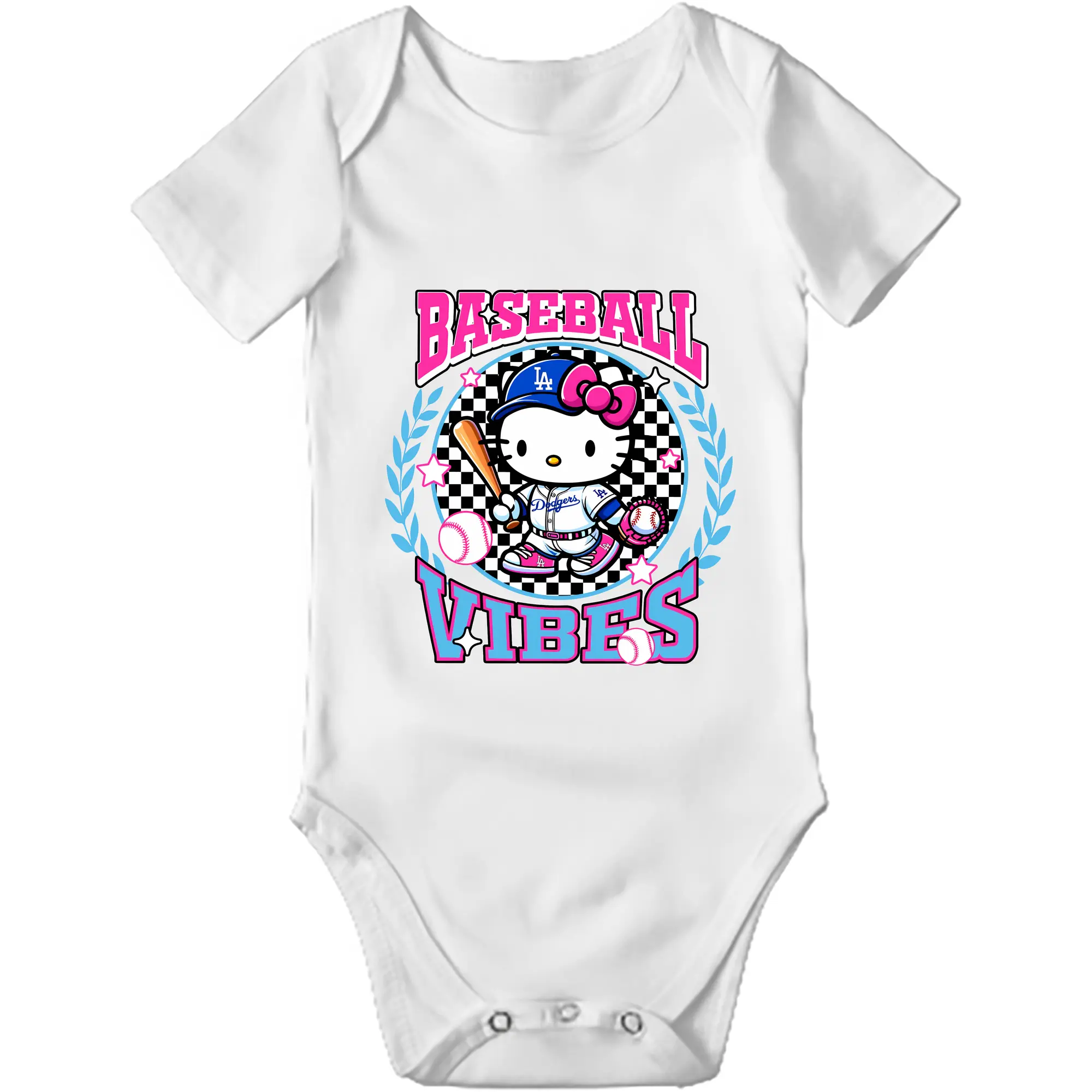 Baseball Vibes Hello Kitty Los Angeles Dodgers - Baby Short Sleeve Romper – 100% Cotton Soft & Breathable Digital Print Onesie With Easy Snap Closure And Envelope Shoulder – Comfortable For Daily Wear & Travel