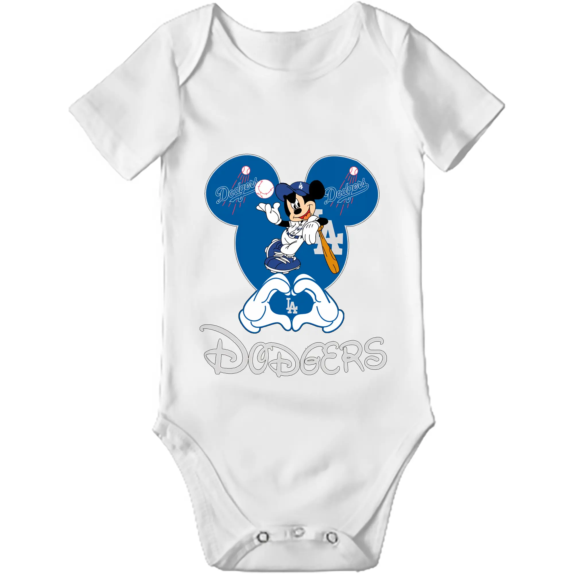 Disney Mickey Mouse Loves Los Angeles Dodgers Heart - Baby Short Sleeve Romper – 100% Cotton Soft & Breathable Digital Print Onesie With Easy Snap Closure And Envelope Shoulder – Comfortable For Daily Wear & Travel