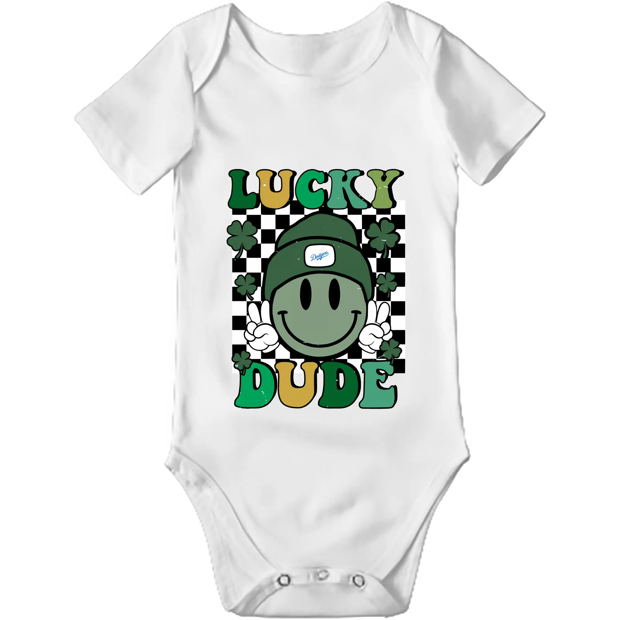 Happy Face Lucky Dude Los Angeles Dodgers - Baby Short Sleeve Romper – 100% Cotton Soft & Breathable Digital Print Onesie With Easy Snap Closure And Envelope Shoulder – Comfortable For Daily Wear & Travel