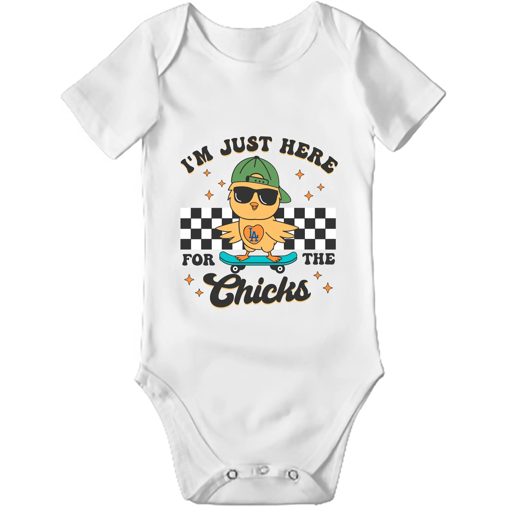Im Just Here For The Chicks Los Angeles Dodgers - Baby Short Sleeve Romper – 100% Cotton Soft & Breathable Digital Print Onesie With Easy Snap Closure And Envelope Shoulder – Comfortable For Daily Wear & Travel