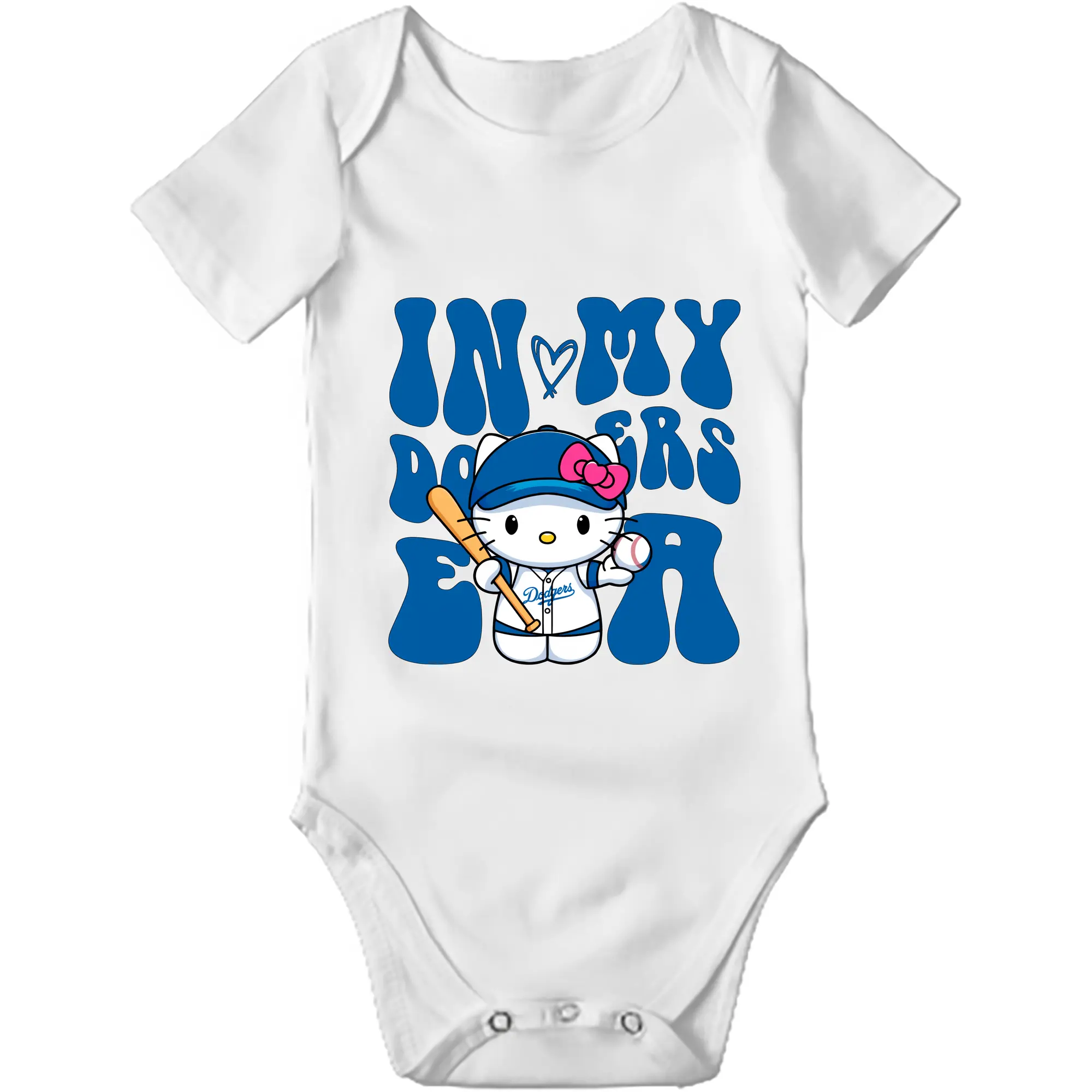 In My Dodgers Era Hello Kitty Baseball - Baby Short Sleeve Romper – 100% Cotton Soft & Breathable Digital Print Onesie With Easy Snap Closure And Envelope Shoulder – Comfortable For Daily Wear & Travel
