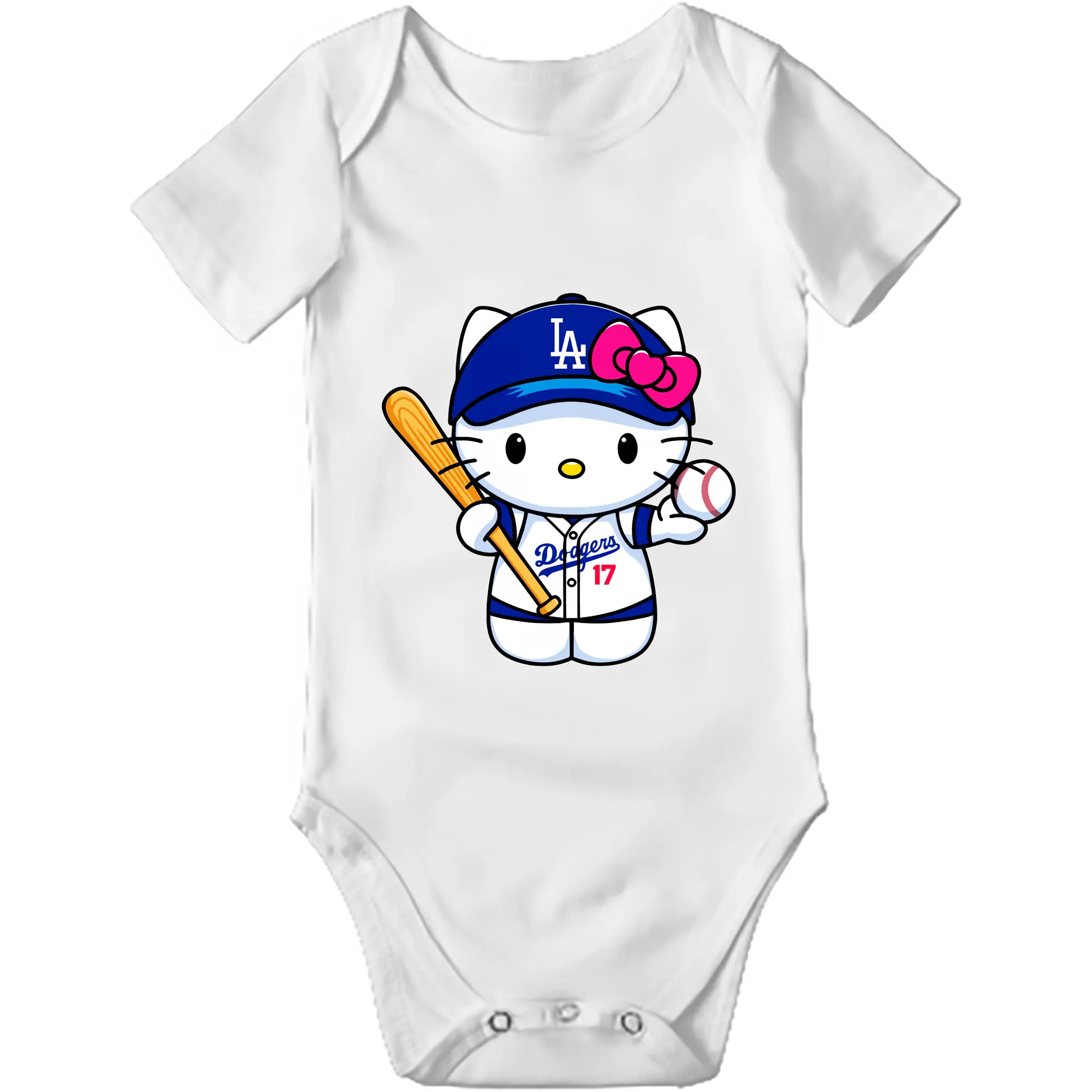 LA Dodgers Hello Kitty MLB Team - Baby Short Sleeve Romper – 100% Cotton Soft & Breathable Digital Print Onesie With Easy Snap Closure And Envelope Shoulder – Comfortable For Daily Wear & Travel