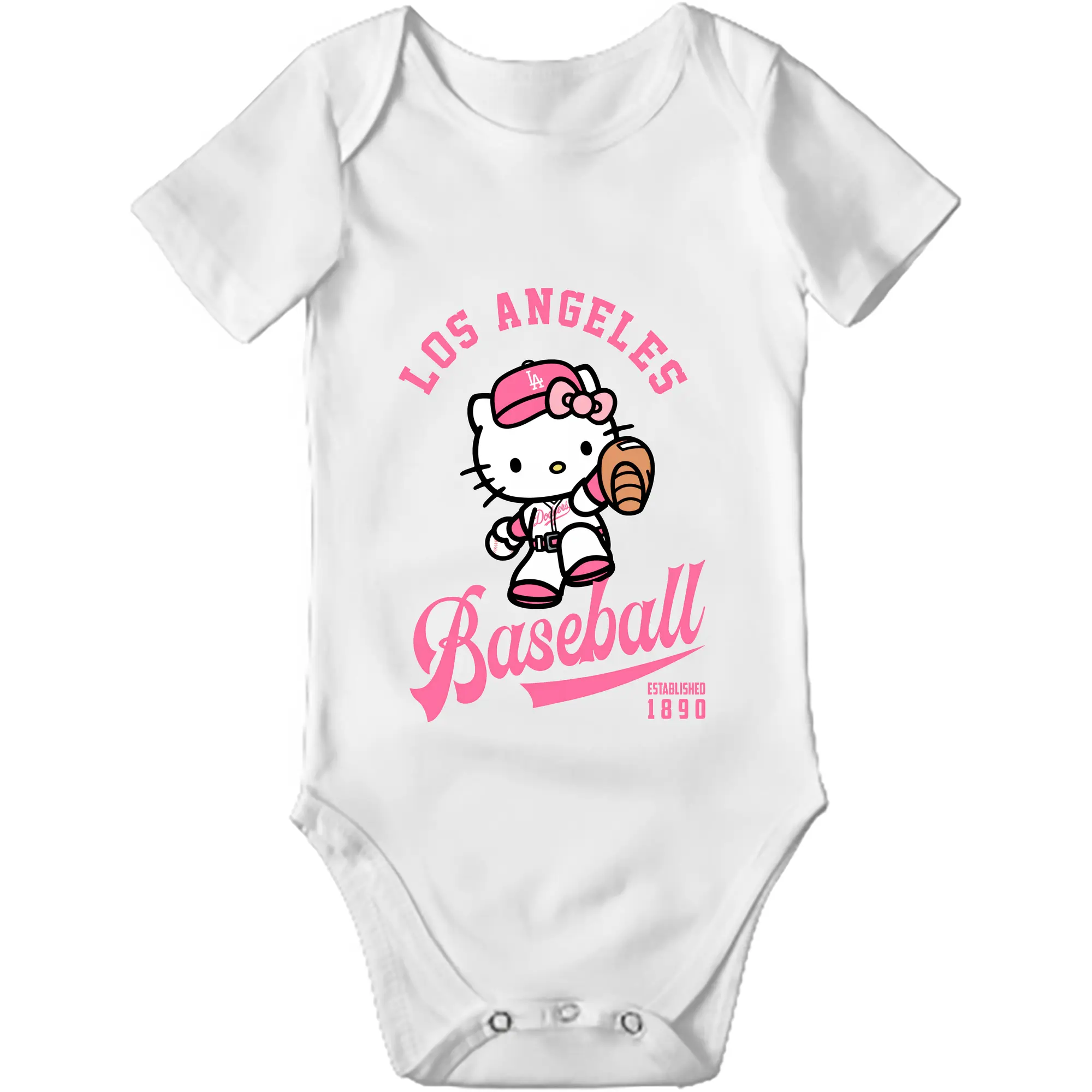 Los Angeles Baseball Hello Kitty - Baby Short Sleeve Romper – 100% Cotton Soft & Breathable Digital Print Onesie With Easy Snap Closure And Envelope Shoulder – Comfortable For Daily Wear & Travel
