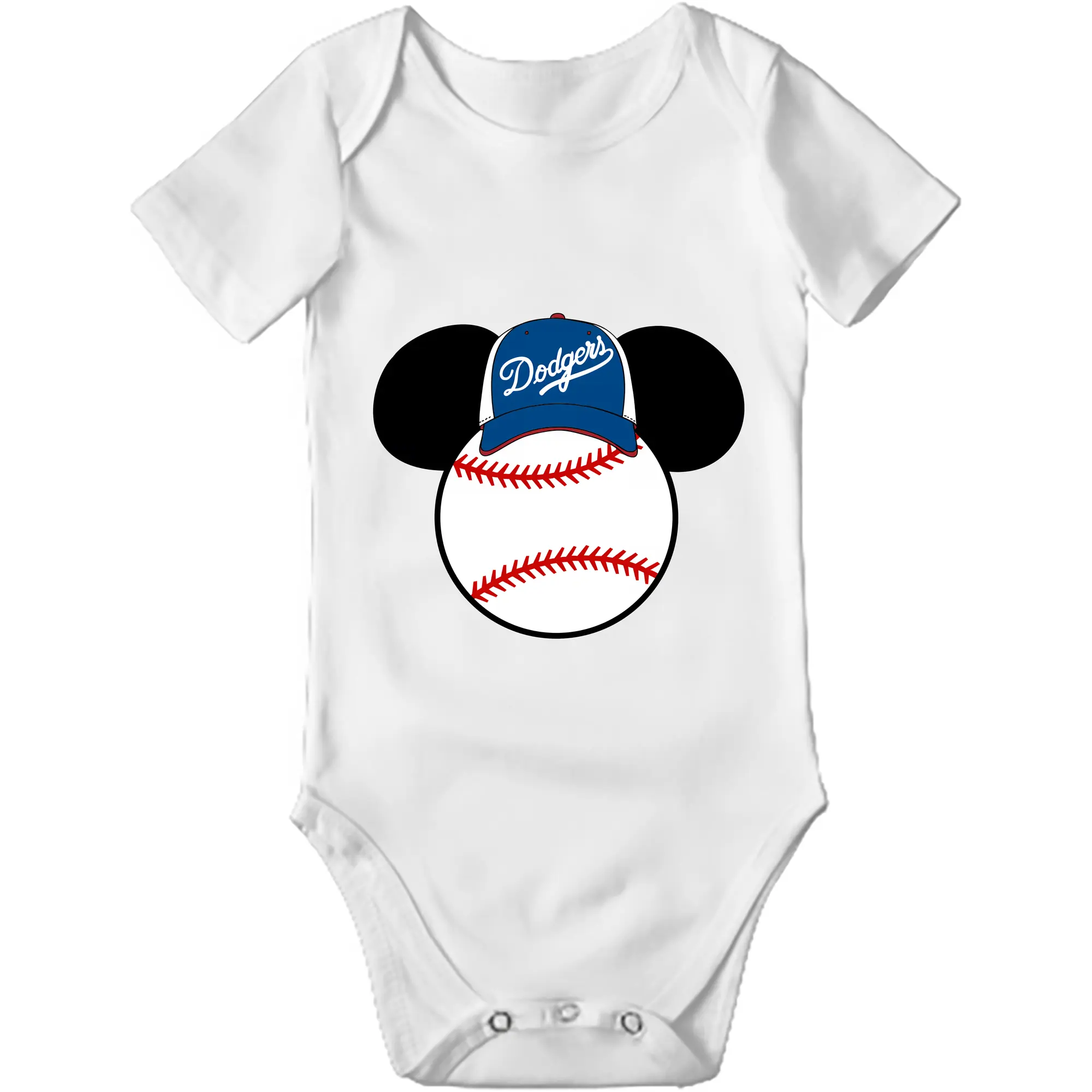 Los Angeles Dodgers Mickey Mouse Head - Baby Short Sleeve Romper – 100% Cotton Soft & Breathable Digital Print Onesie With Easy Snap Closure And Envelope Shoulder – Comfortable For Daily Wear & Travel
