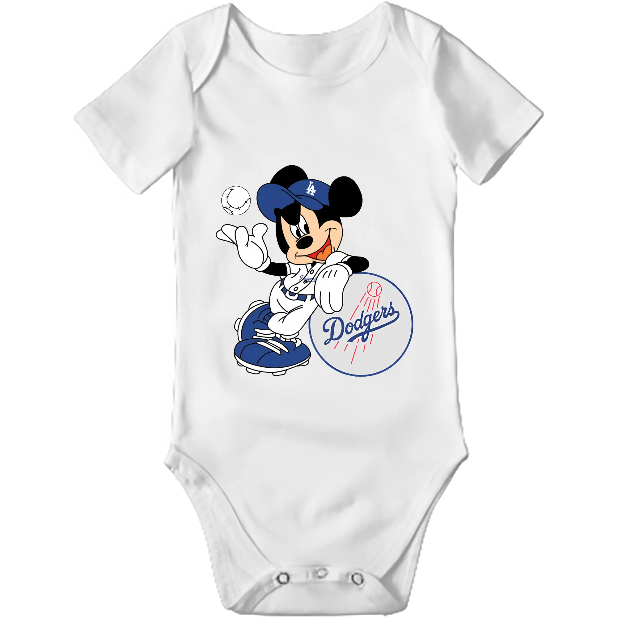 Mickey Mouse Los Angeles Dodgers - Baby Short Sleeve Romper – 100% Cotton Soft & Breathable Digital Print Onesie With Easy Snap Closure And Envelope Shoulder – Comfortable For Daily Wear & Travel