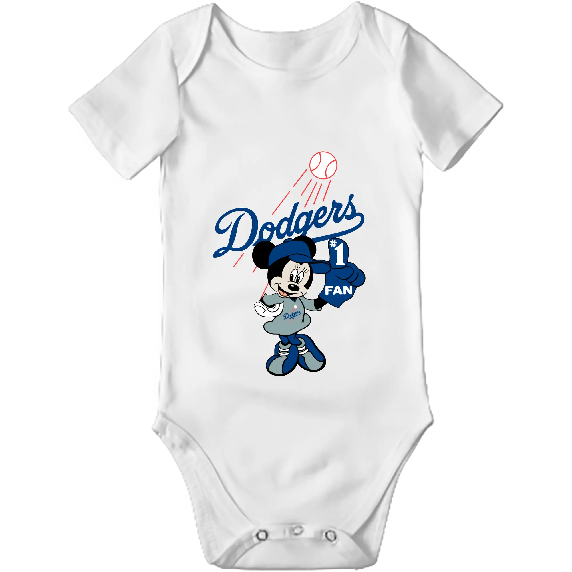 Minnie Mouse Los Angeles Dodgers Baseball - Baby Short Sleeve Romper – 100% Cotton Soft & Breathable Digital Print Onesie With Easy Snap Closure And Envelope Shoulder – Comfortable For Daily Wear & Travel