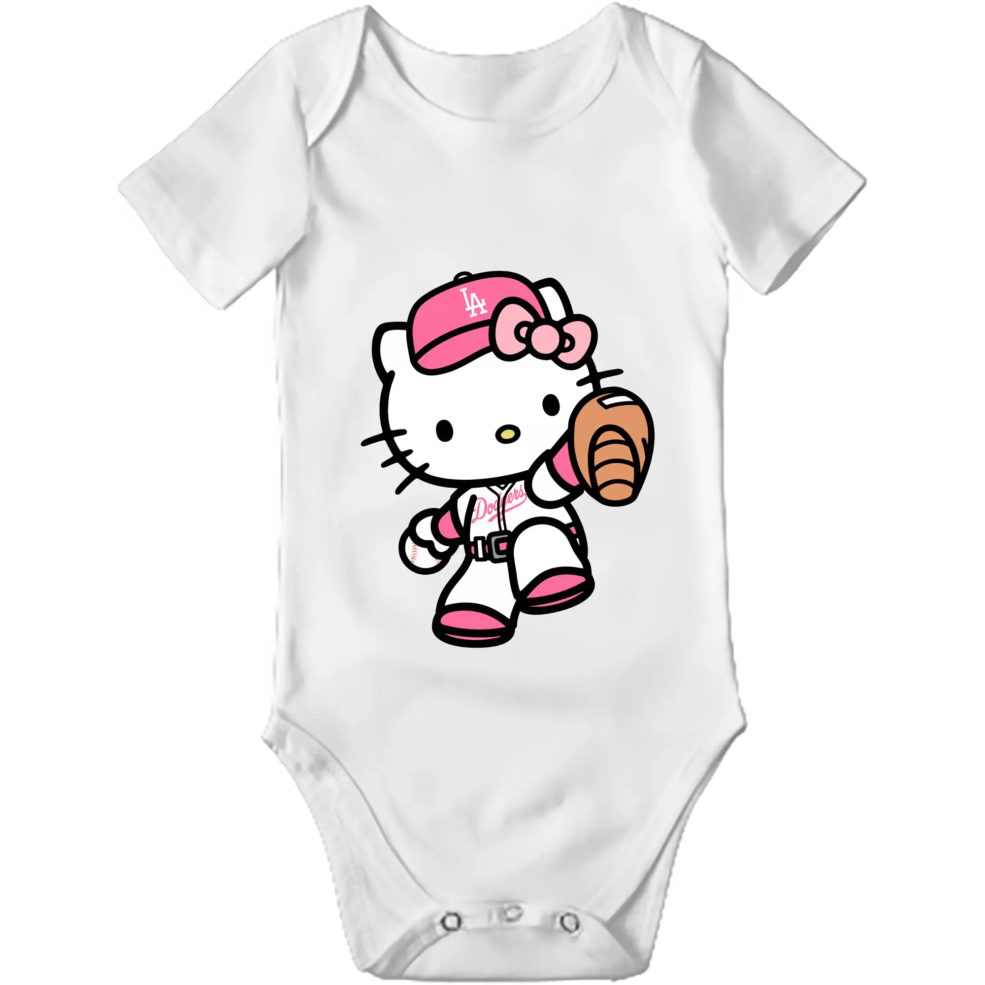Pink Hello Kitty Play Baseball Los Angeles Dodgers - Baby Short Sleeve Romper – 100% Cotton Soft & Breathable Digital Print Onesie With Easy Snap Closure And Envelope Shoulder – Comfortable For Daily Wear & Travel