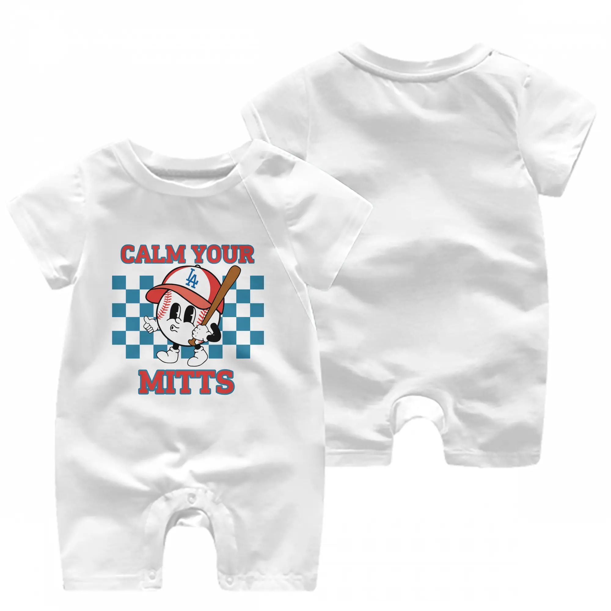 Baseball Calm Your Mitts Los Angeles Dodgers - Baby Short Sleeve Onesie – 100% Cotton Soft & Breathable Digital Print Romper – Double-Sided Print, Snap Closure For Easy Diaper Changes – Comfortable For Boys & Girls