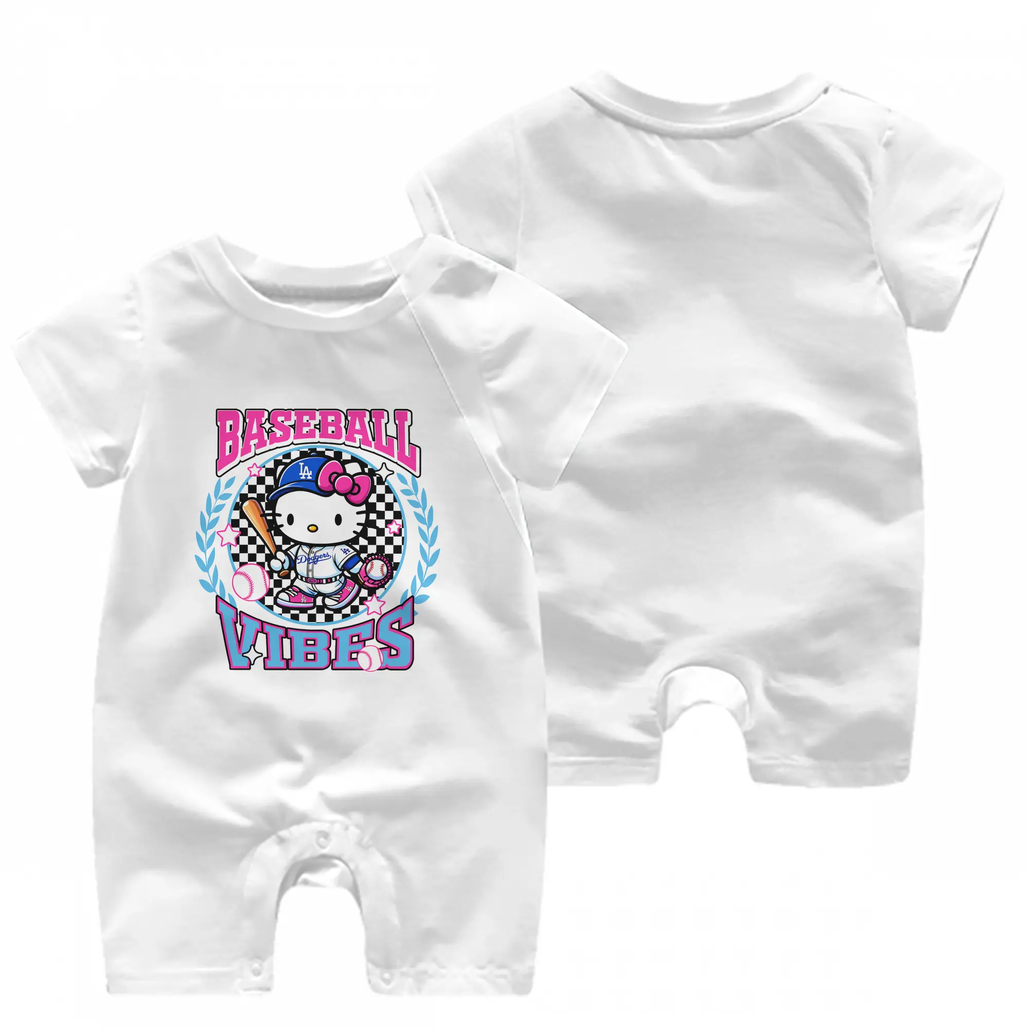 Baseball Vibes Hello Kitty Los Angeles Dodgers - Baby Short Sleeve Onesie – 100% Cotton Soft & Breathable Digital Print Romper – Double-Sided Print, Snap Closure For Easy Diaper Changes – Comfortable For Boys & Girls