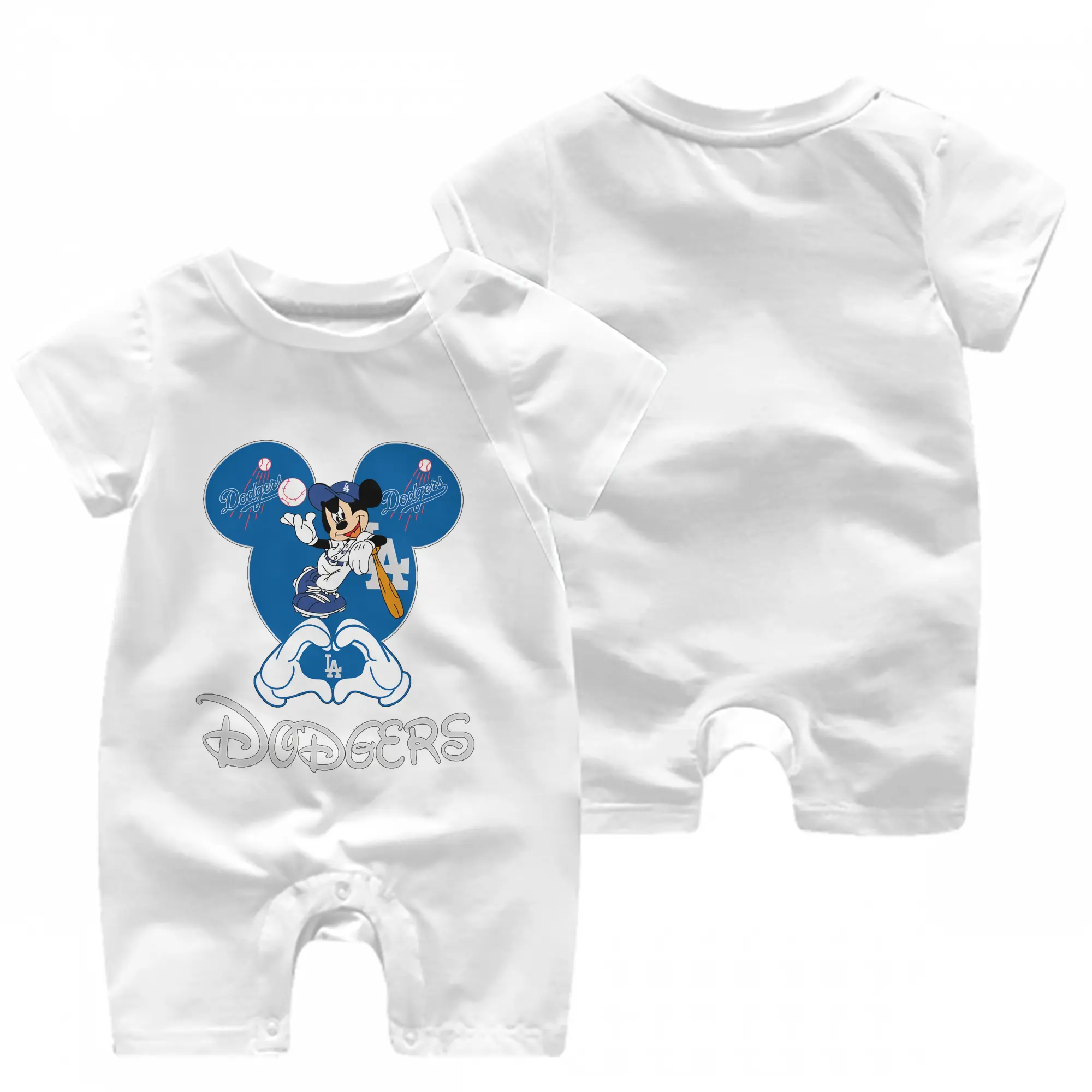 Disney Mickey Mouse Loves Los Angeles Dodgers Heart - Baby Short Sleeve Onesie – 100% Cotton Soft & Breathable Digital Print Romper – Double-Sided Print, Snap Closure For Easy Diaper Changes – Comfortable For Boys & Girls