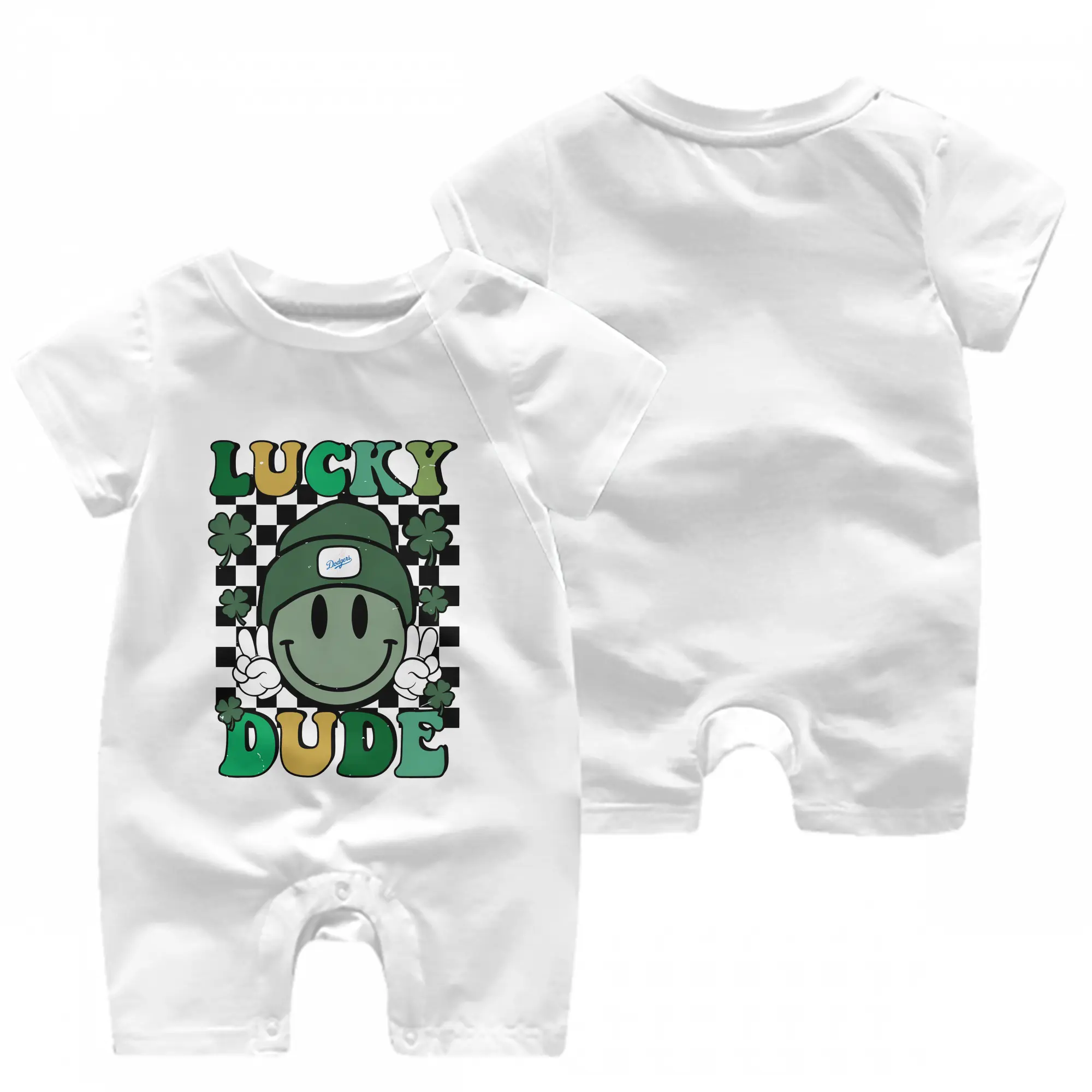 Happy Face Lucky Dude Los Angeles Dodgers - Baby Short Sleeve Onesie – 100% Cotton Soft & Breathable Digital Print Romper – Double-Sided Print, Snap Closure For Easy Diaper Changes – Comfortable For Boys & Girls