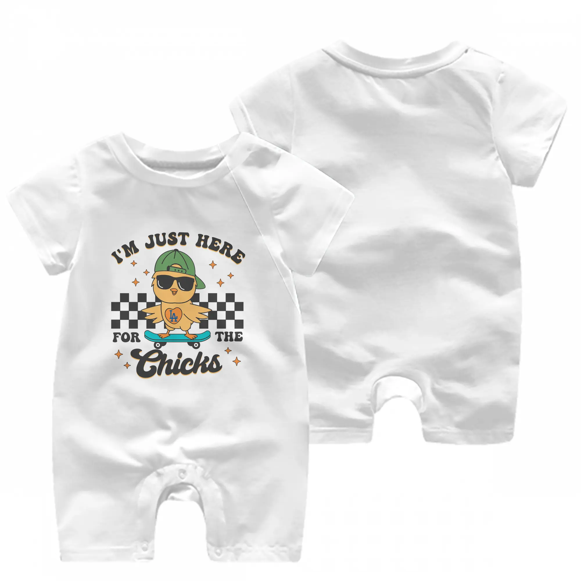 Im Just Here For The Chicks Los Angeles Dodgers - Baby Short Sleeve Onesie – 100% Cotton Soft & Breathable Digital Print Romper – Double-Sided Print, Snap Closure For Easy Diaper Changes – Comfortable For Boys & Girls