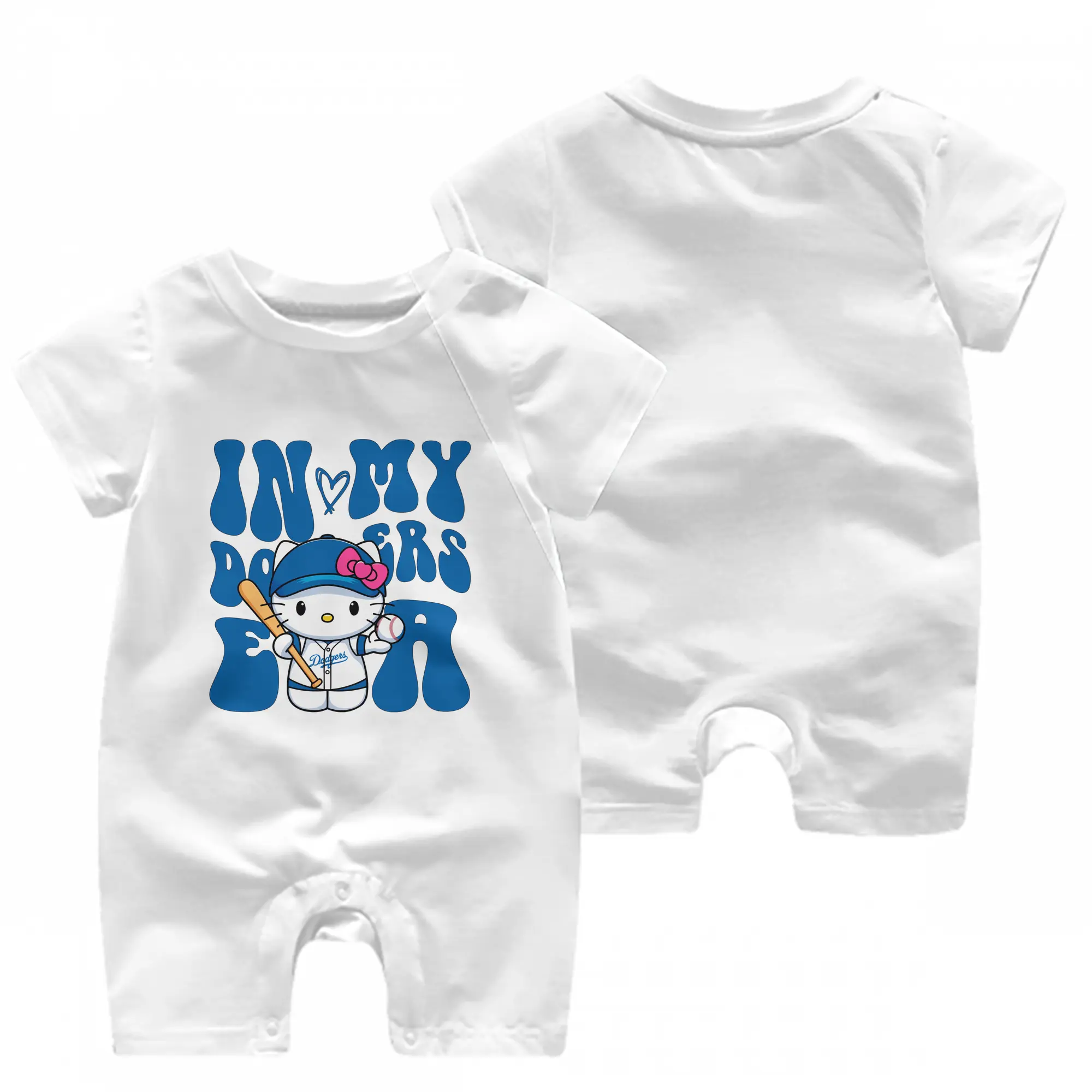 In My Dodgers Era Hello Kitty Baseball - Baby Short Sleeve Onesie – 100% Cotton Soft & Breathable Digital Print Romper – Double-Sided Print, Snap Closure For Easy Diaper Changes – Comfortable For Boys & Girls