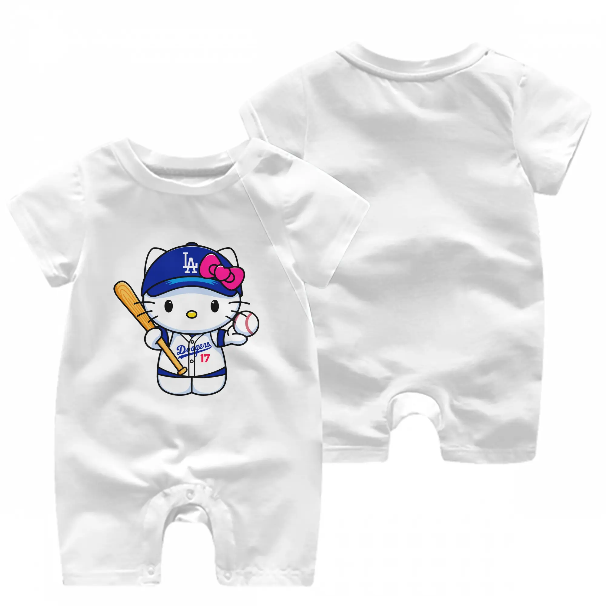 LA Dodgers Hello Kitty MLB Team - Baby Short Sleeve Onesie – 100% Cotton Soft & Breathable Digital Print Romper – Double-Sided Print, Snap Closure For Easy Diaper Changes – Comfortable For Boys & Girls
