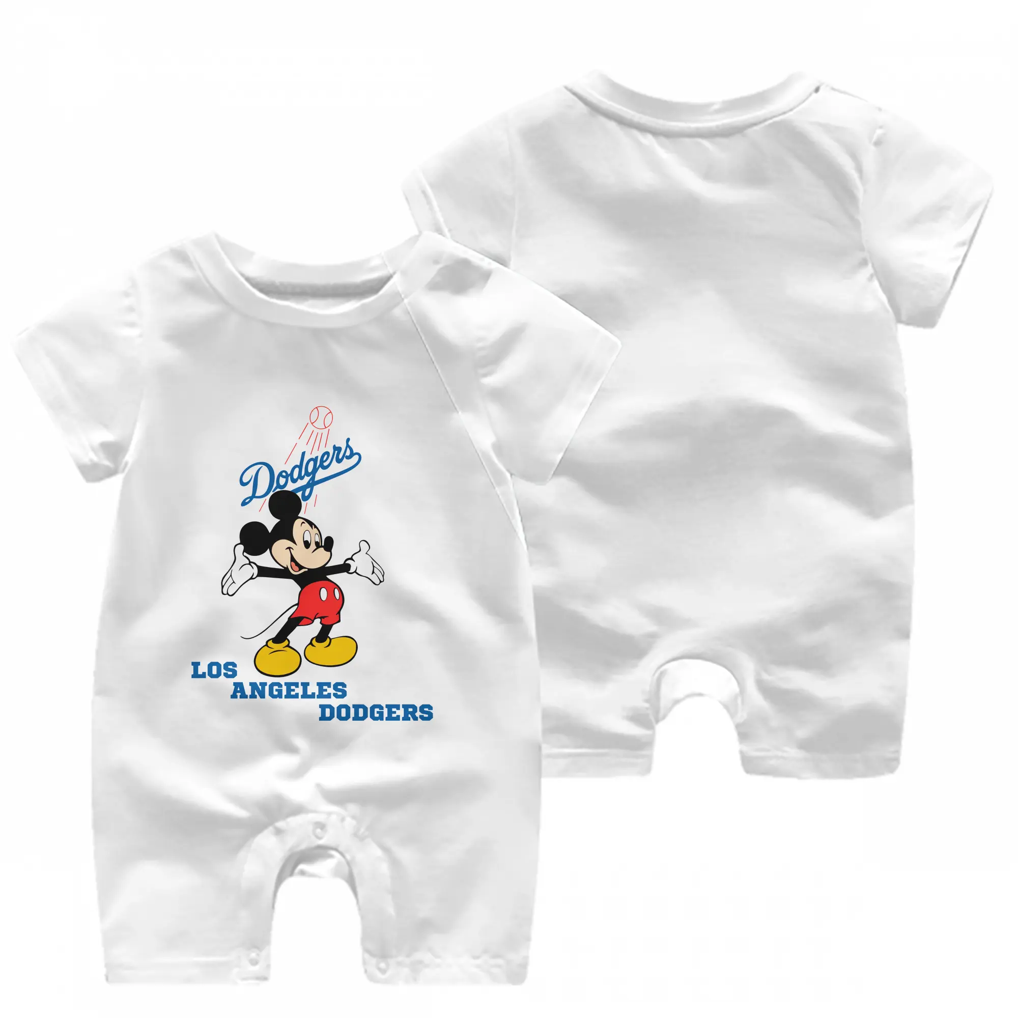 Los Angeles Dodgers Mickey Mouse Baseball - Baby Short Sleeve Onesie – 100% Cotton Soft & Breathable Digital Print Romper – Double-Sided Print, Snap Closure For Easy Diaper Changes – Comfortable For Boys & Girls