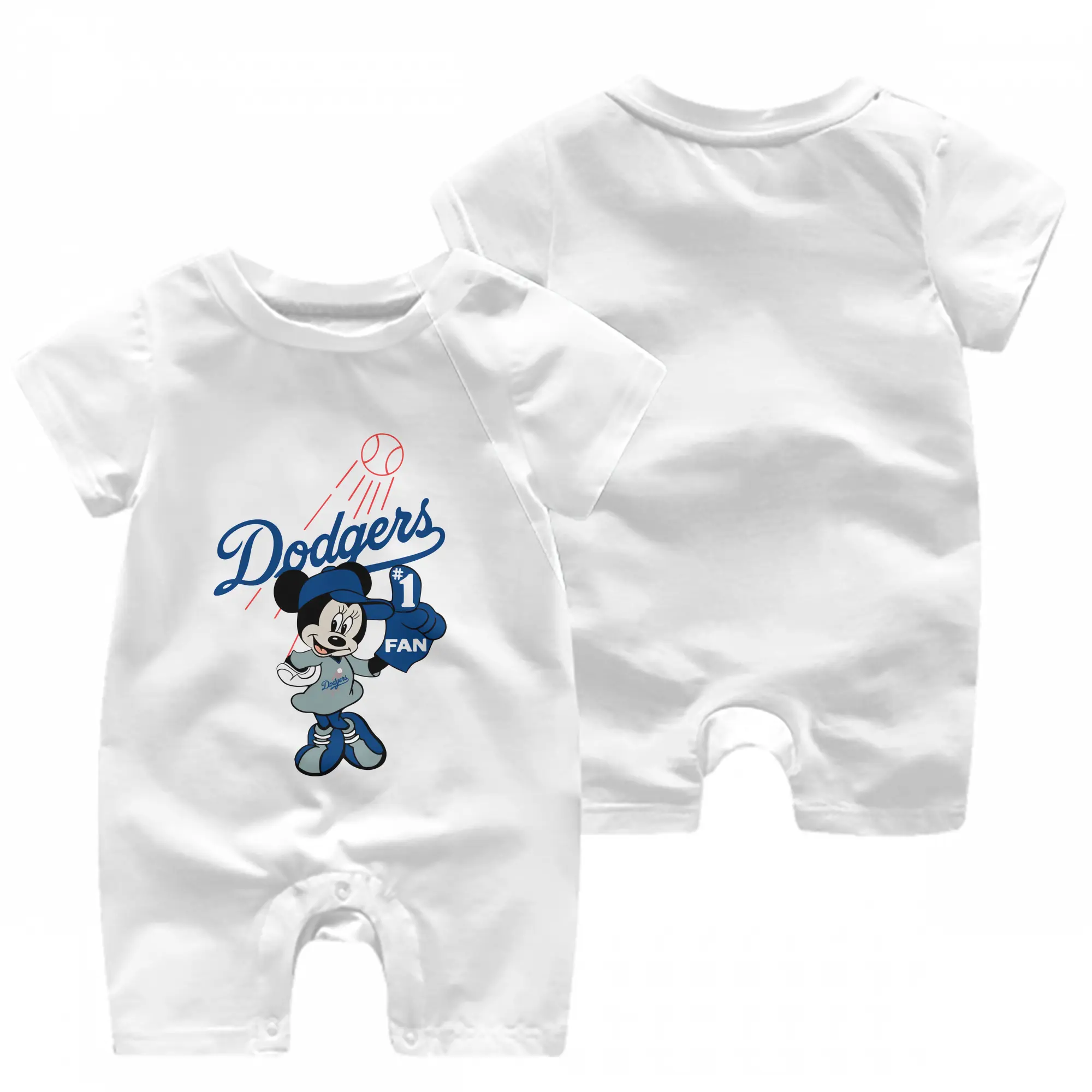 Minnie Mouse Los Angeles Dodgers Baseball - Baby Short Sleeve Onesie – 100% Cotton Soft & Breathable Digital Print Romper – Double-Sided Print, Snap Closure For Easy Diaper Changes – Comfortable For Boys & Girls