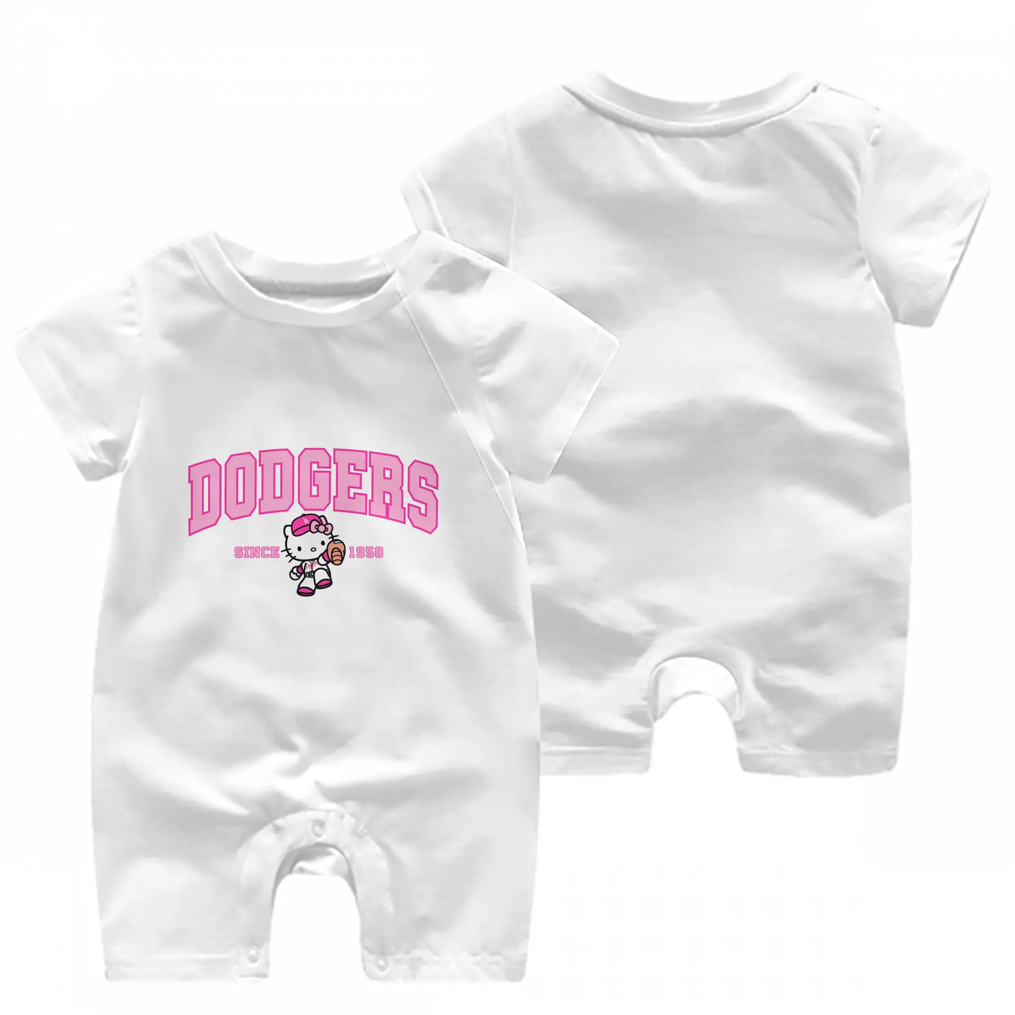Pink Baseball Hello Kitty Dodgers - Baby Short Sleeve Onesie – 100% Cotton Soft & Breathable Digital Print Romper – Double-Sided Print, Snap Closure For Easy Diaper Changes – Comfortable For Boys & Girls