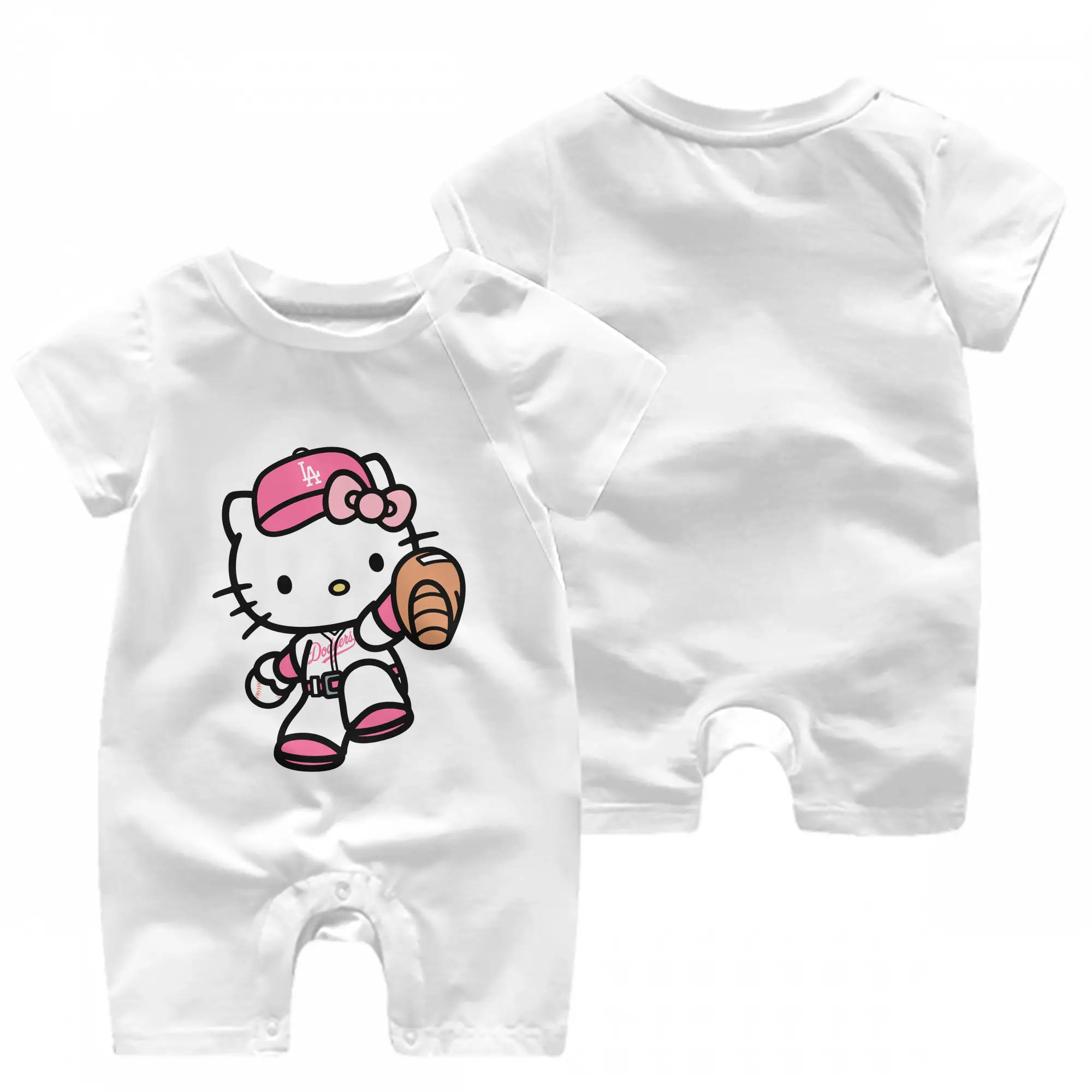 Pink Hello Kitty Play Baseball Los Angeles Dodgers - Baby Short Sleeve Onesie – 100% Cotton Soft & Breathable Digital Print Romper – Double-Sided Print, Snap Closure For Easy Diaper Changes – Comfortable For Boys & Girls