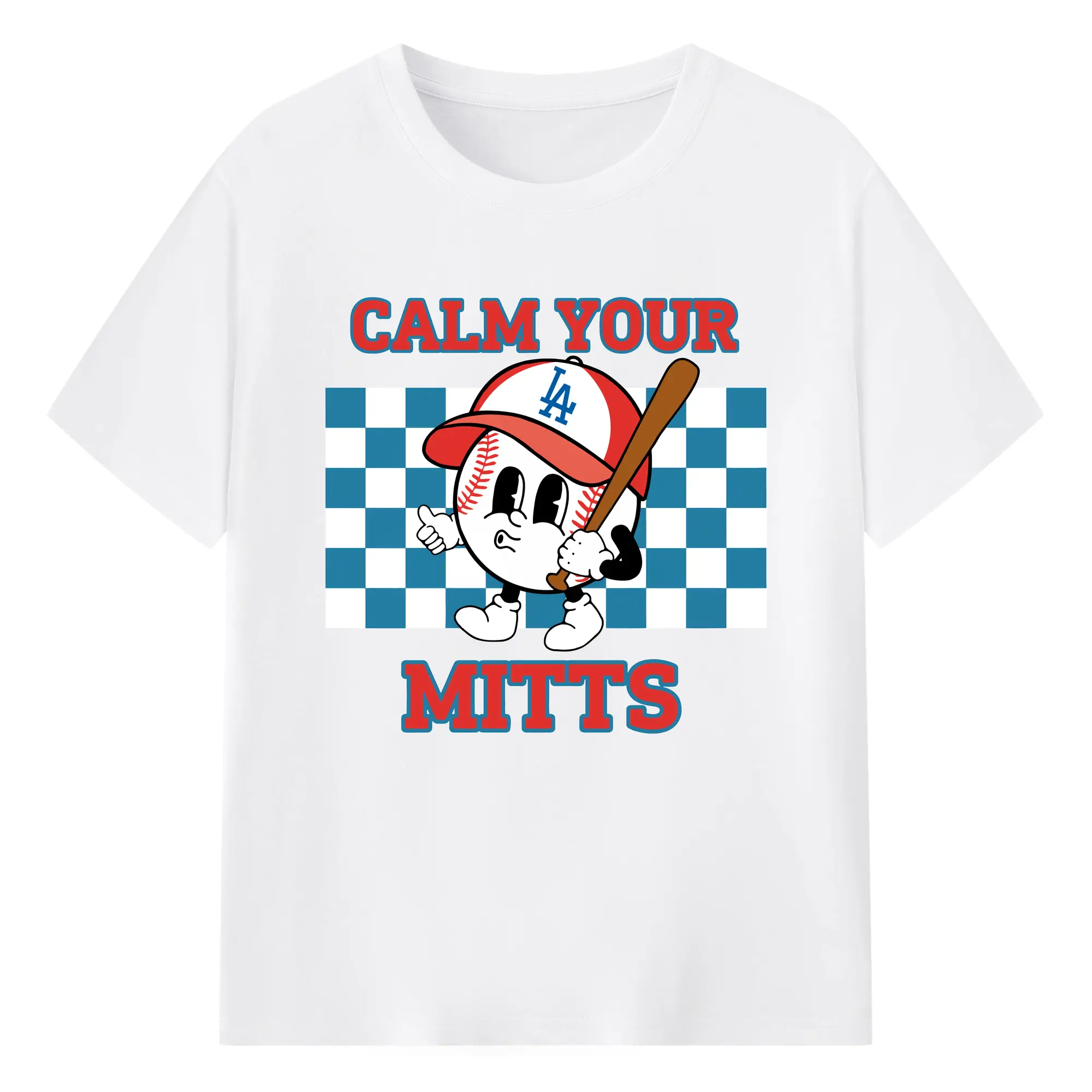 Baseball Calm Your Mitts Los Angeles Dodgers - 180g Cotton T-Shirt With Front Heat Transfer Print – Soft, Lightweight, Fitted Design – Comfortable Casual Wear For Sports & Everyday Use