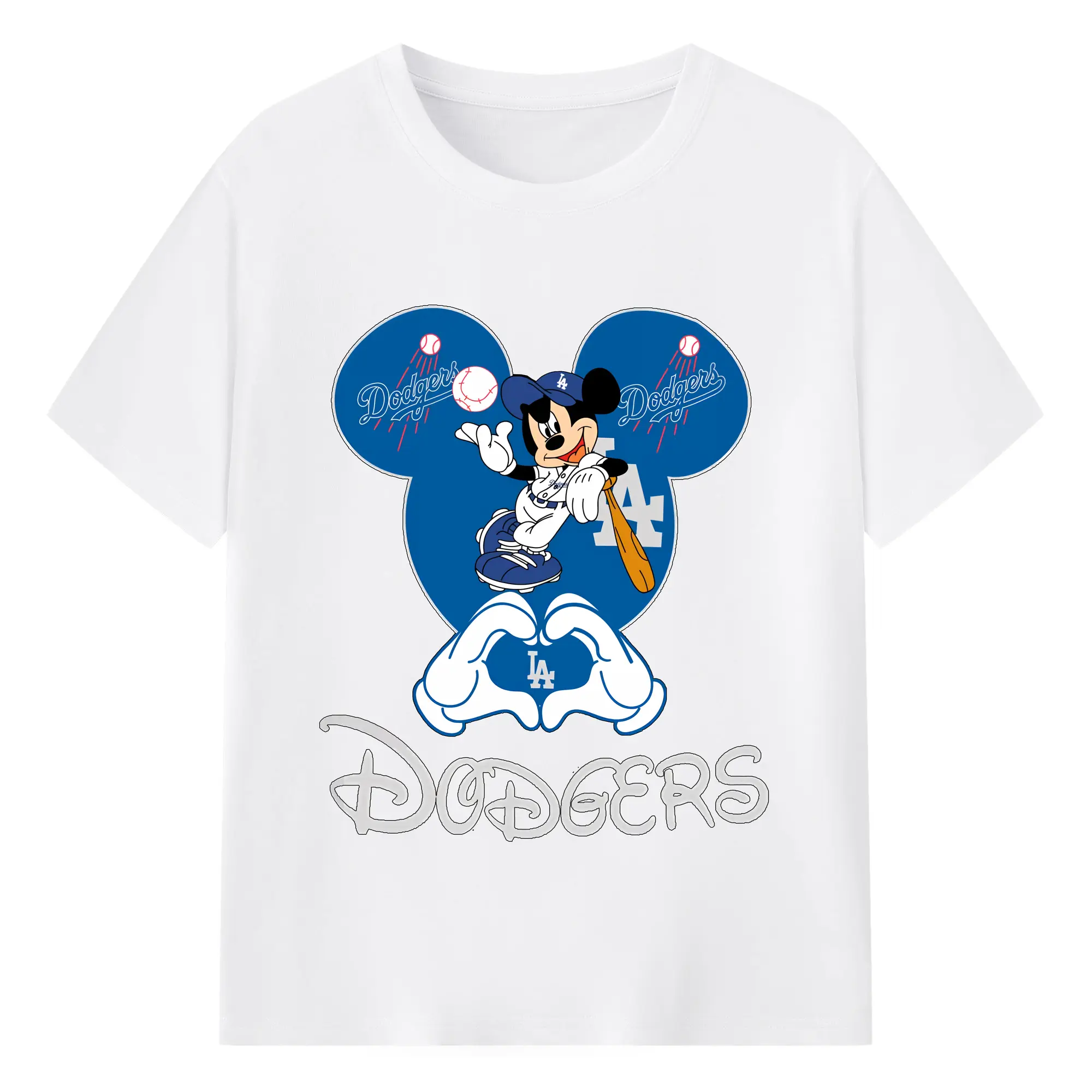 Disney Mickey Mouse Loves Los Angeles Dodgers Heart - 180g Cotton T-Shirt With Front Heat Transfer Print – Soft, Lightweight, Fitted Design – Comfortable Casual Wear For Sports & Everyday Use