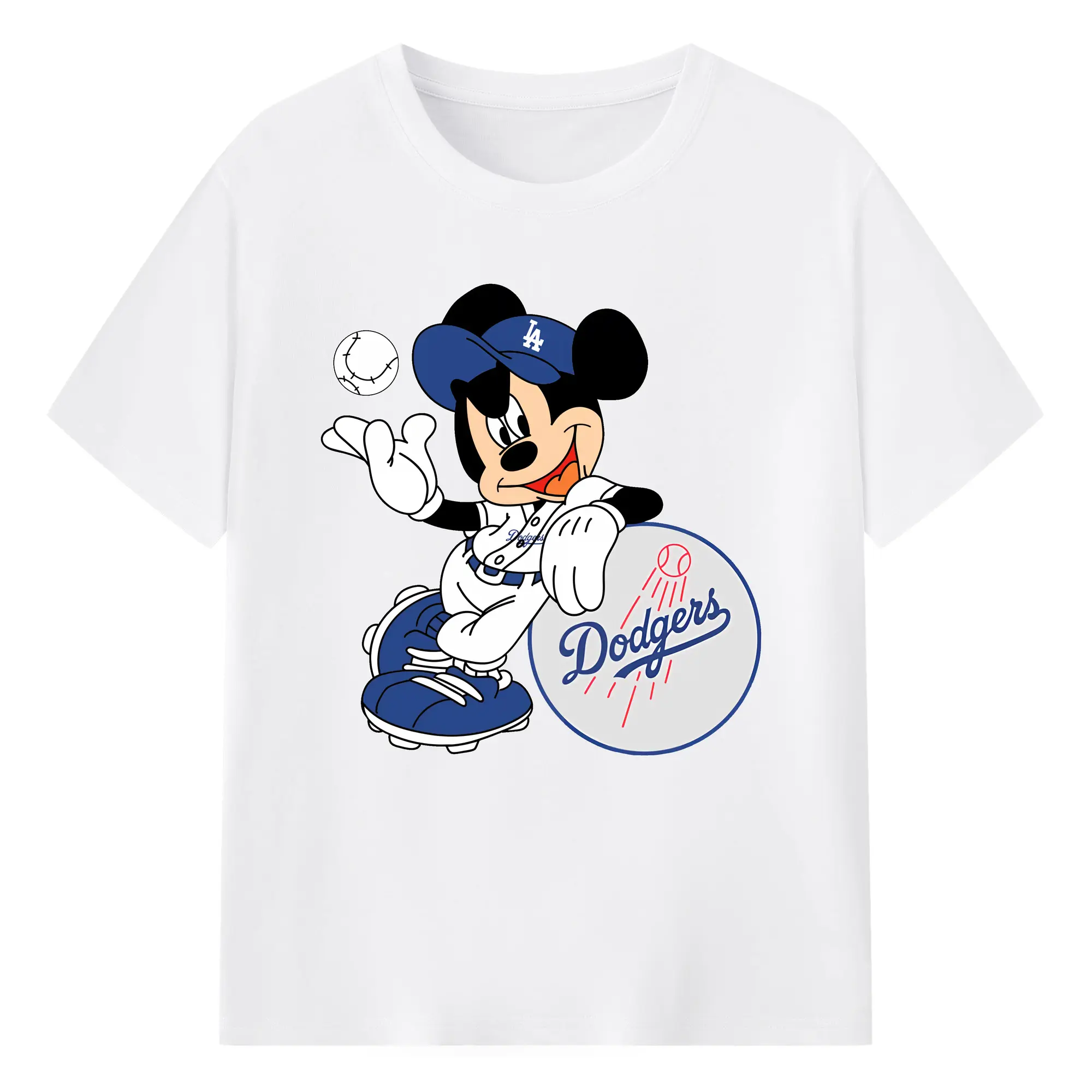 Mickey Mouse Los Angeles Dodgers - 180g Cotton T-Shirt With Front Heat Transfer Print – Soft, Lightweight, Fitted Design – Comfortable Casual Wear For Sports & Everyday Use