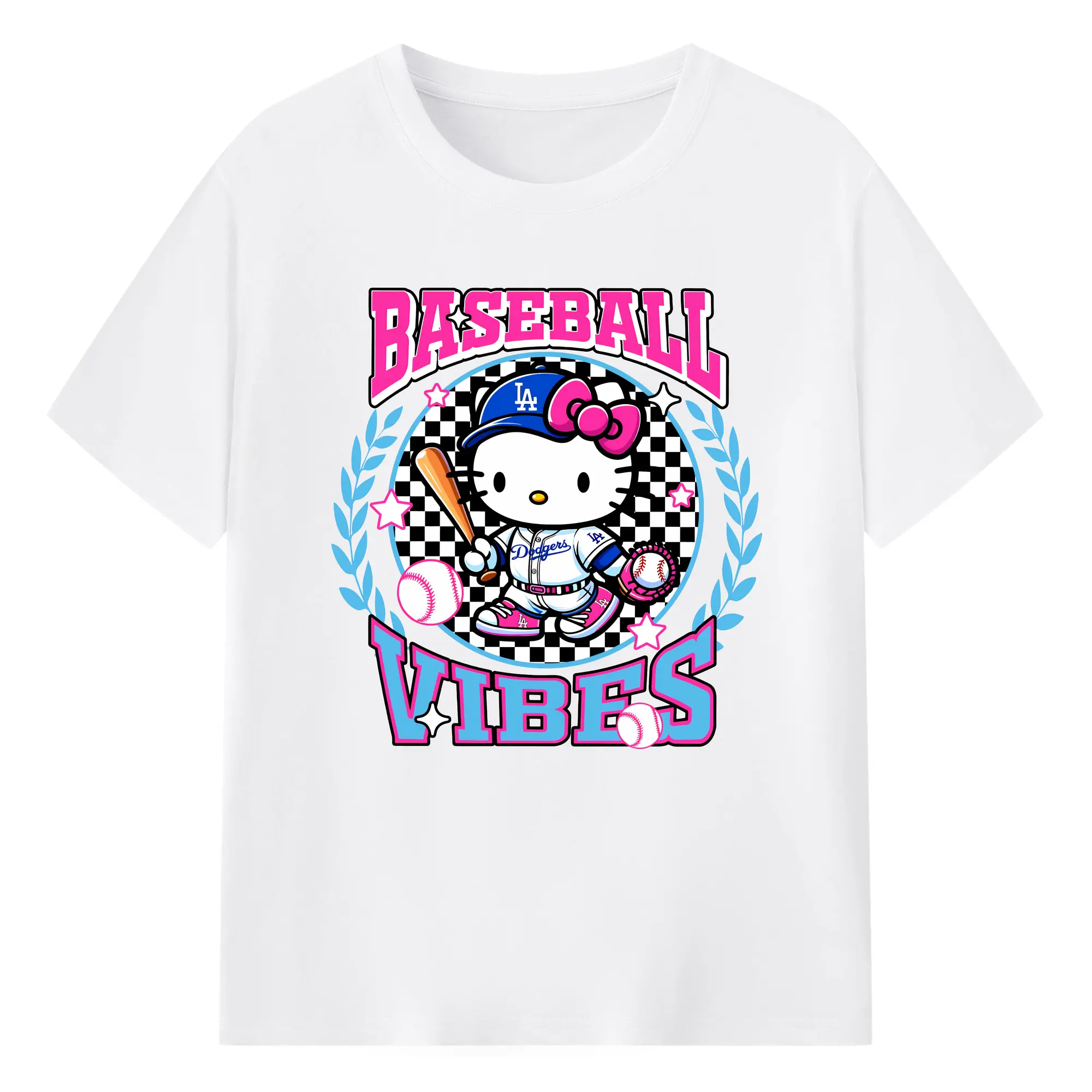 Baseball Vibes Hello Kitty Los Angeles Dodgers - Combed Cotton T-Shirt 180g With Front Heat Transfer Print – Soft, Lightweight, Fitted Design – Stylish Casual Wear For Sports & Everyday Use