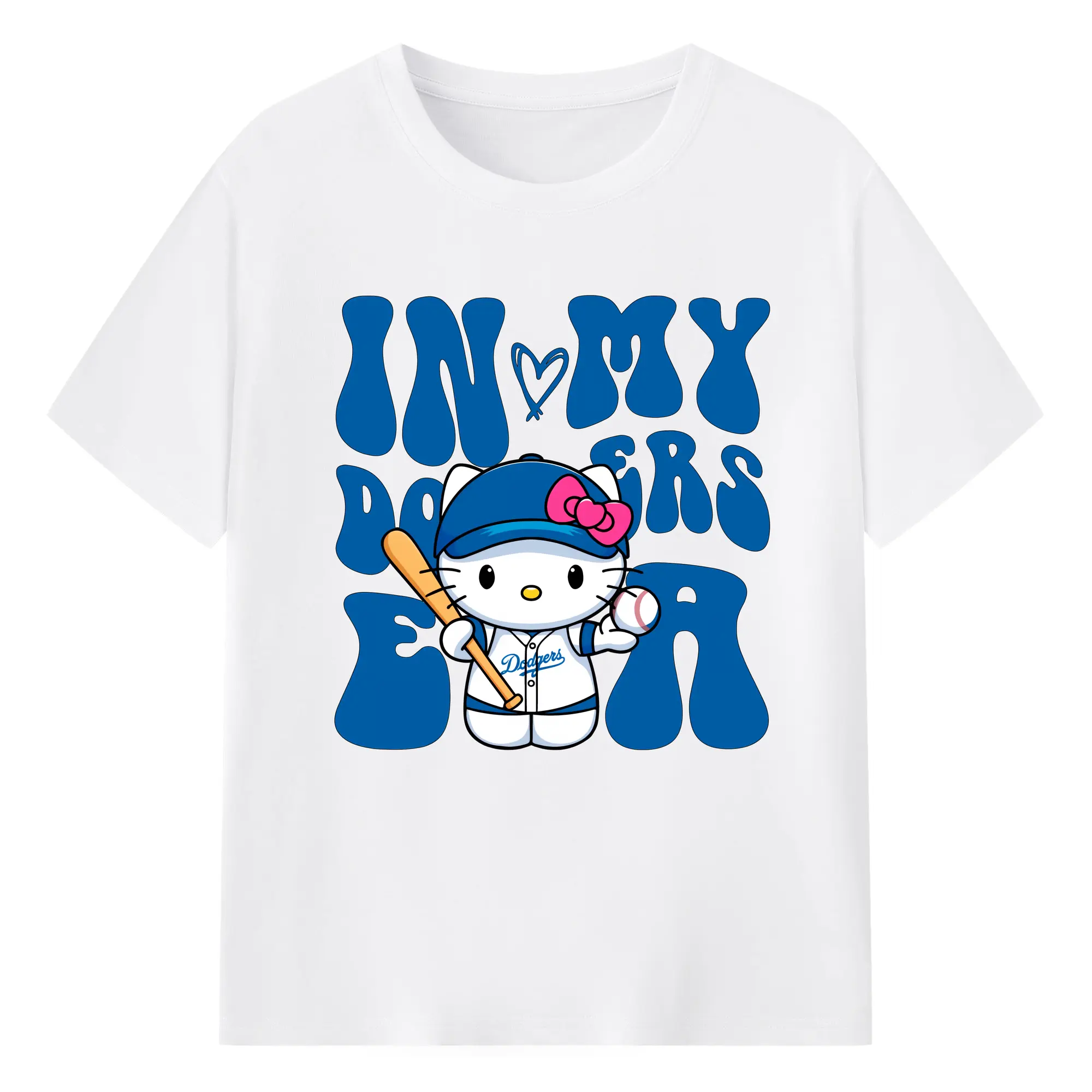 In My Dodgers Era Hello Kitty Baseball - Combed Cotton T-Shirt 180g With Front Heat Transfer Print – Soft, Lightweight, Fitted Design – Stylish Casual Wear For Sports & Everyday Use