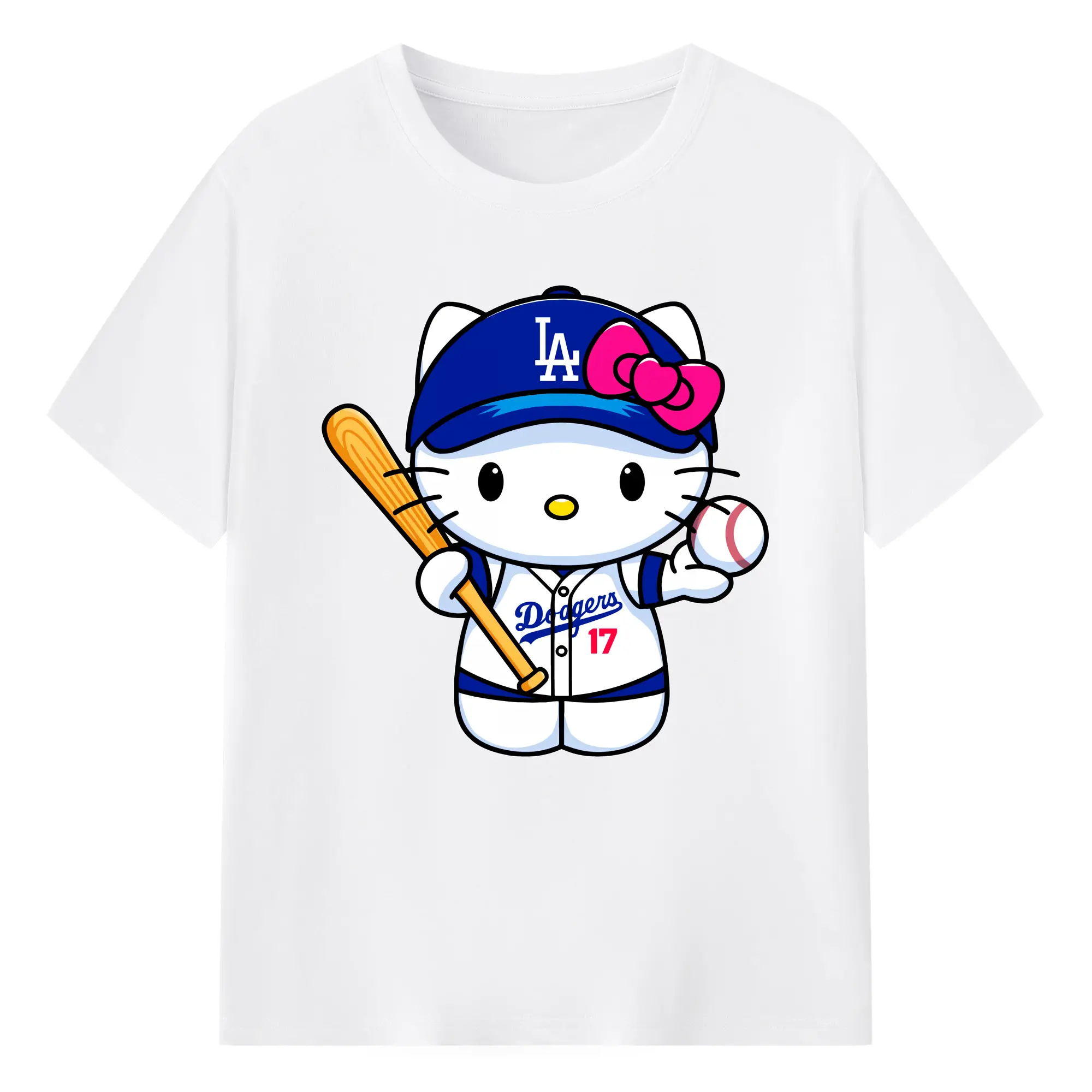 LA Dodgers Hello Kitty MLB Team - Combed Cotton T-Shirt 180g With Front Heat Transfer Print – Soft, Lightweight, Fitted Design – Stylish Casual Wear For Sports & Everyday Use