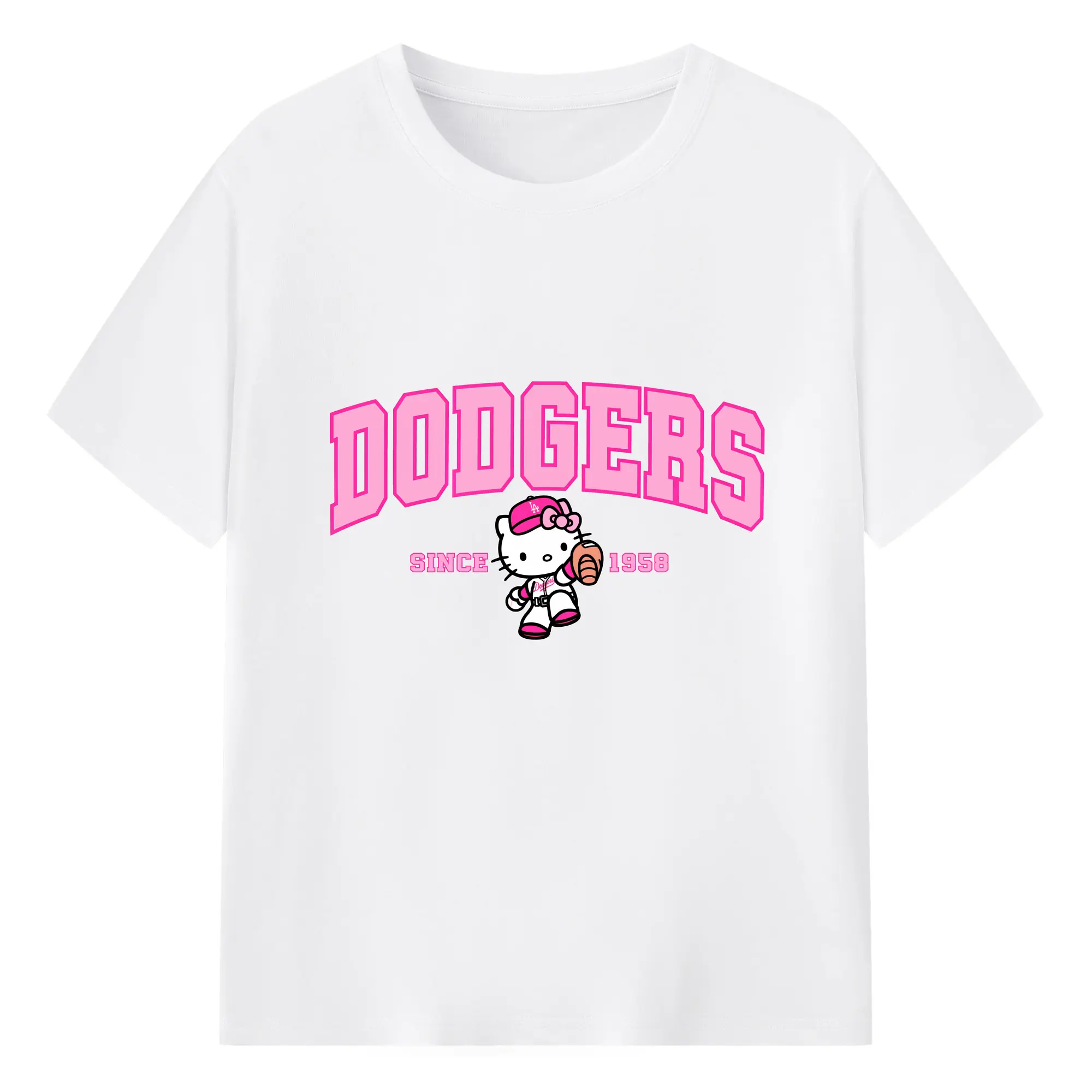 Pink Baseball Hello Kitty Dodgers - Combed Cotton T-Shirt 180g With Front Heat Transfer Print – Soft, Lightweight, Fitted Design – Stylish Casual Wear For Sports & Everyday Use