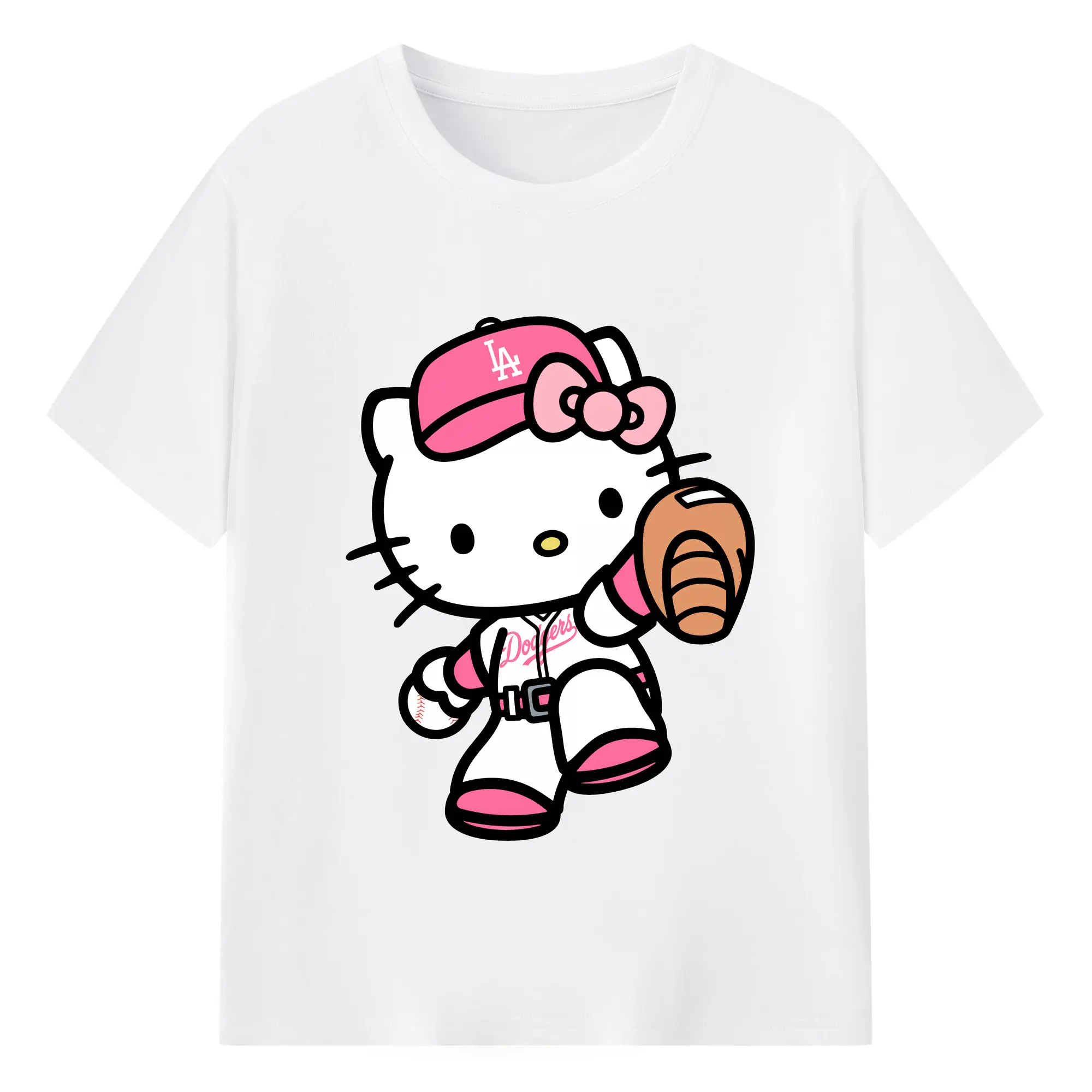 Pink Hello Kitty Play Baseball Los Angeles Dodgers - Combed Cotton T-Shirt 180g With Front Heat Transfer Print – Soft, Lightweight, Fitted Design – Stylish Casual Wear For Sports & Everyday Use