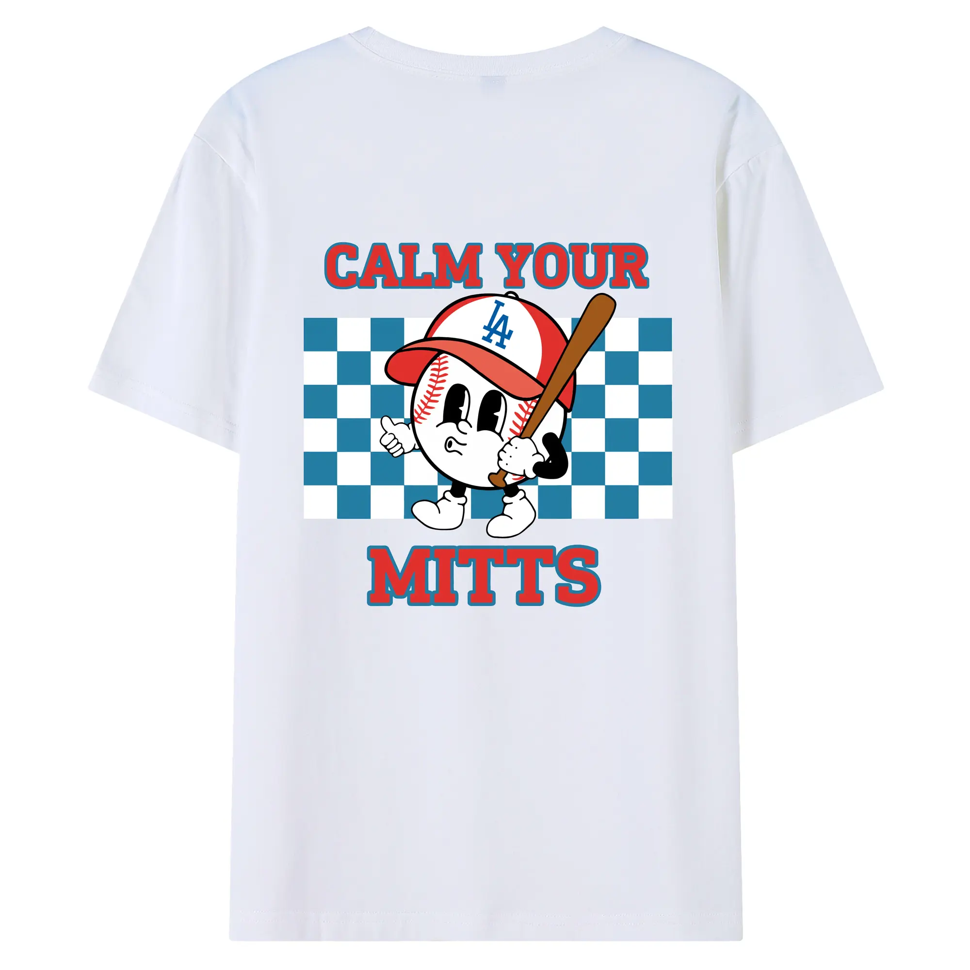 Baseball Calm Your Mitts Los Angeles Dodgers - 180g Combed Cotton T-Shirt With Back Heat Transfer Print – Soft, Lightweight, Fitted Design – Stylish Casual Wear For Sports & Everyday Use