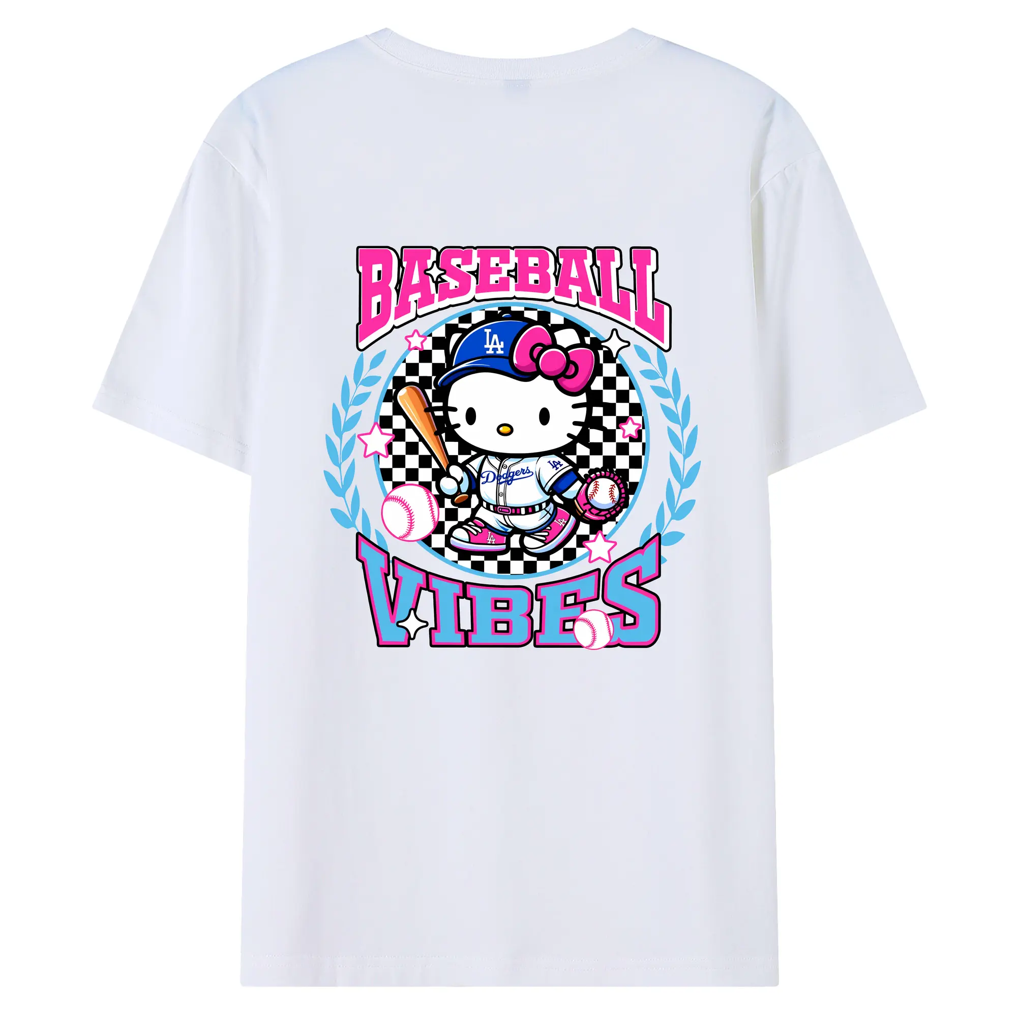 Baseball Vibes Hello Kitty Los Angeles Dodgers - 180g Combed Cotton T-Shirt With Back Heat Transfer Print – Soft, Lightweight, Fitted Design – Stylish Casual Wear For Sports & Everyday Use