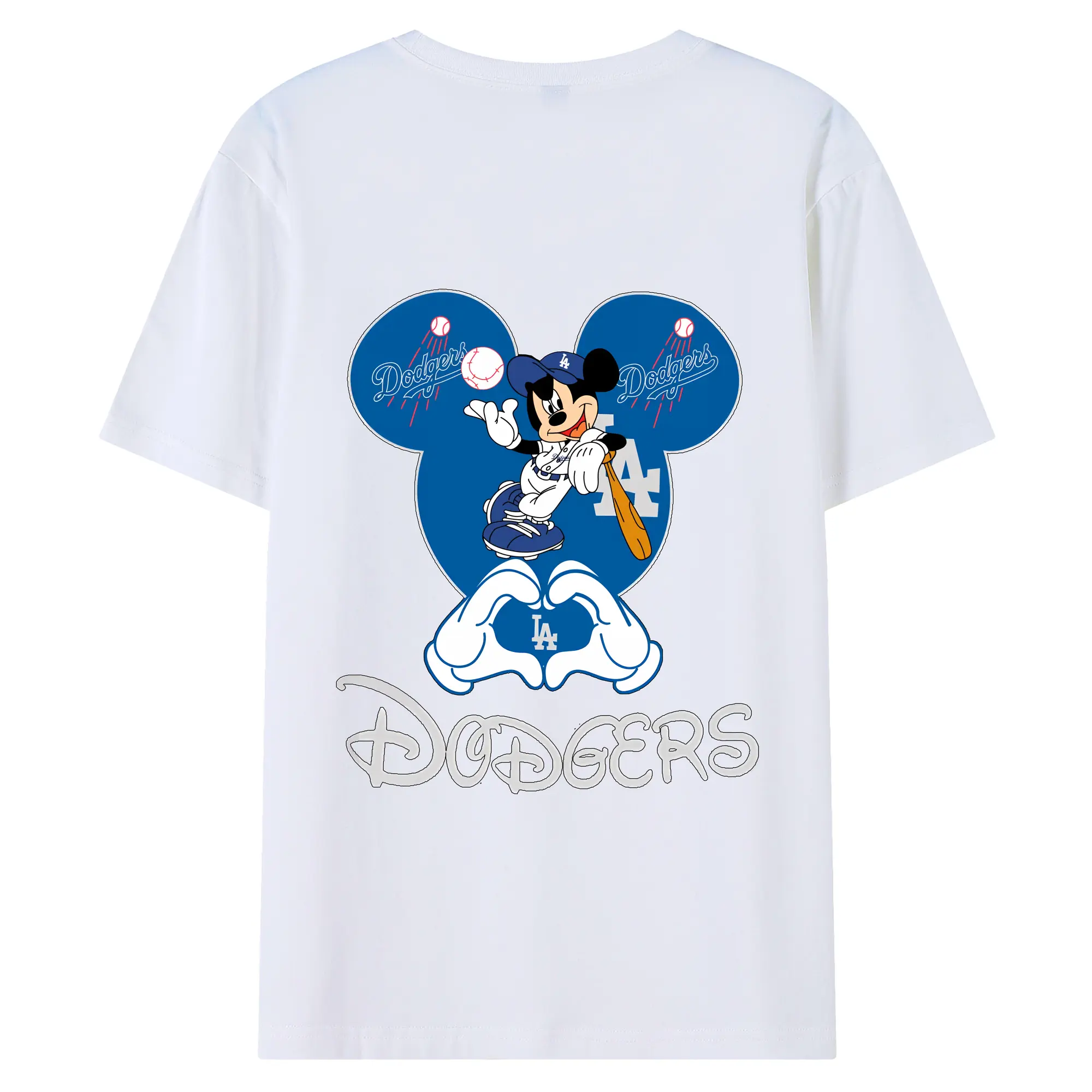 Disney Mickey Mouse Loves Los Angeles Dodgers Heart - 180g Combed Cotton T-Shirt With Back Heat Transfer Print – Soft, Lightweight, Fitted Design – Stylish Casual Wear For Sports & Everyday Use