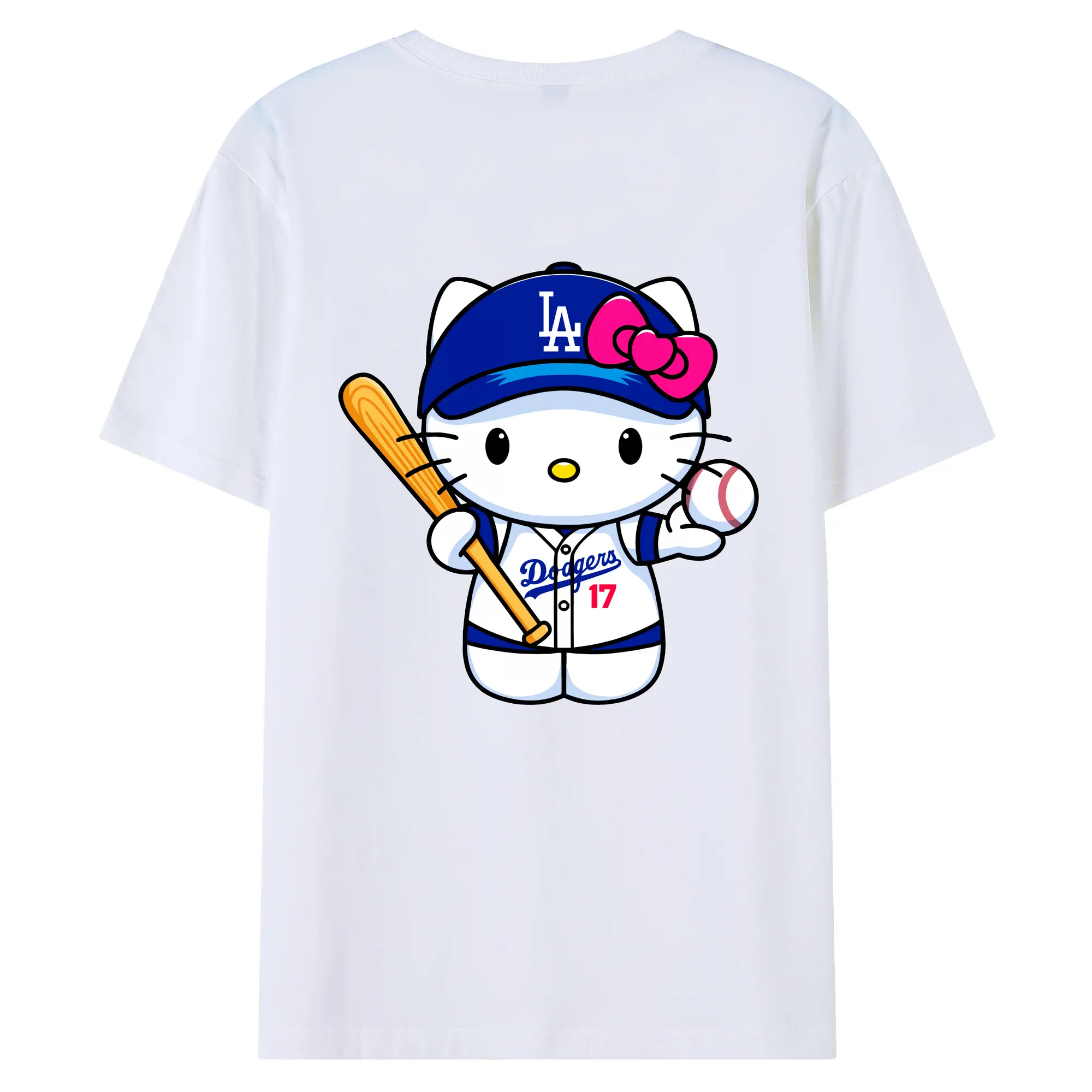 LA Dodgers Hello Kitty MLB Team - 180g Combed Cotton T-Shirt With Back Heat Transfer Print – Soft, Lightweight, Fitted Design – Stylish Casual Wear For Sports & Everyday Use