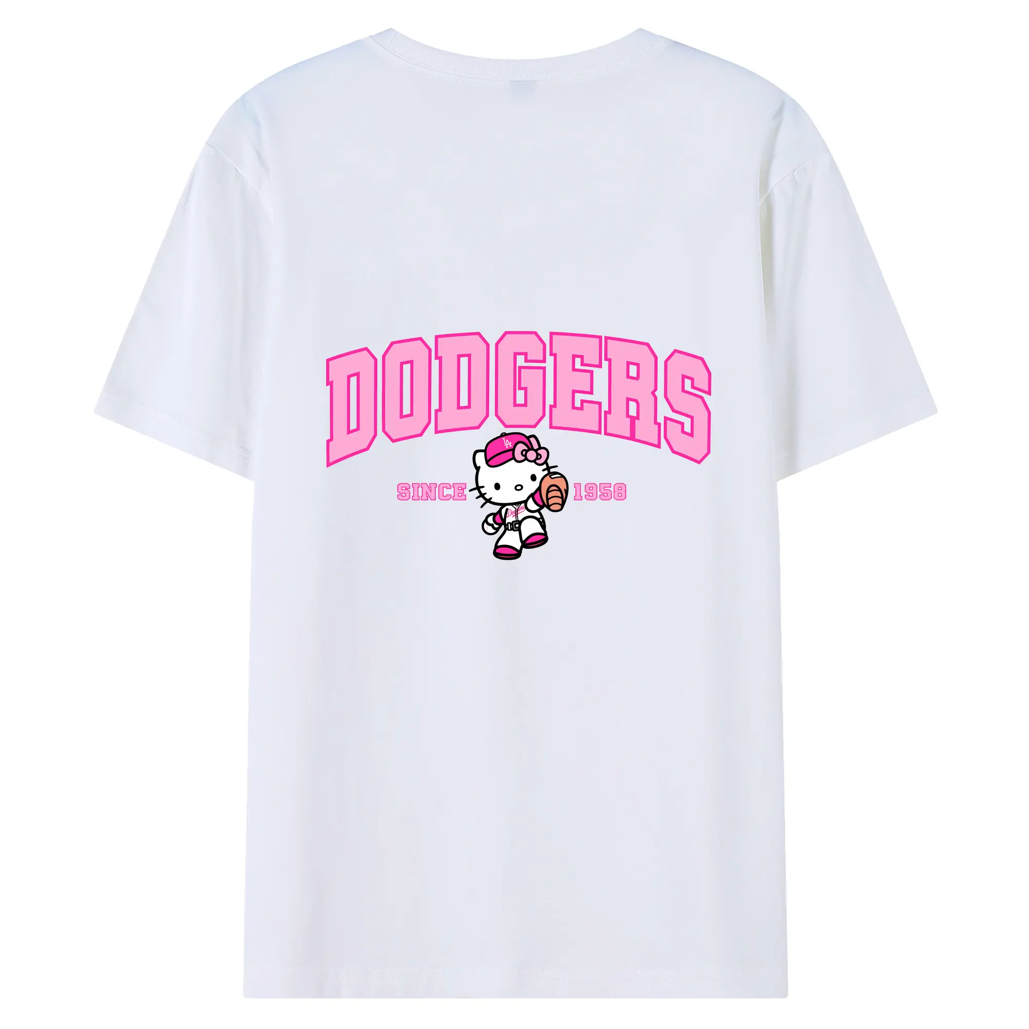 Pink Baseball Hello Kitty Dodgers - 180g Combed Cotton T-Shirt With Back Heat Transfer Print – Soft, Lightweight, Fitted Design – Stylish Casual Wear For Sports & Everyday Use