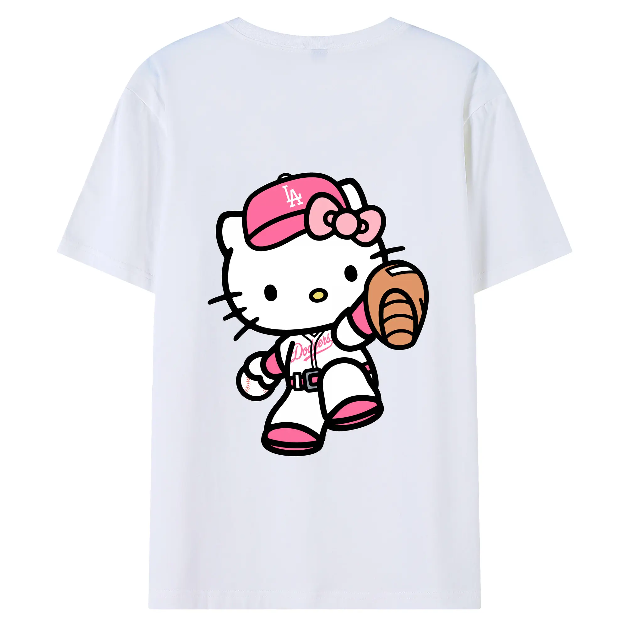 Pink Hello Kitty Play Baseball Los Angeles Dodgers - 180g Combed Cotton T-Shirt With Back Heat Transfer Print – Soft, Lightweight, Fitted Design – Stylish Casual Wear For Sports & Everyday Use
