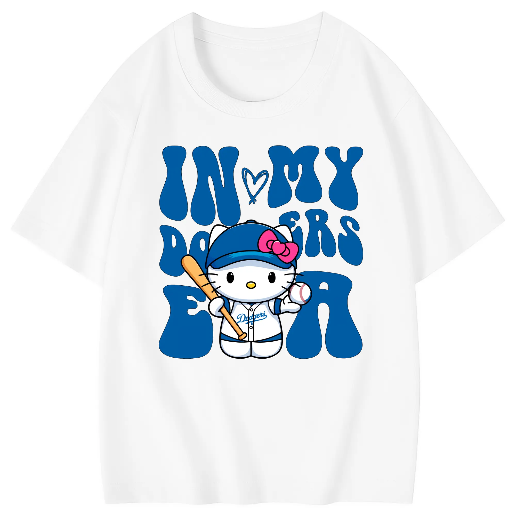 In My Dodgers Era Hello Kitty Baseball - Combed Cotton Kids T-Shirt 180g With Front Heat Transfer Print – Soft, Lightweight, Side-Seamed Design – Stylish And Comfortable Casual Wear For Everyday Activities
