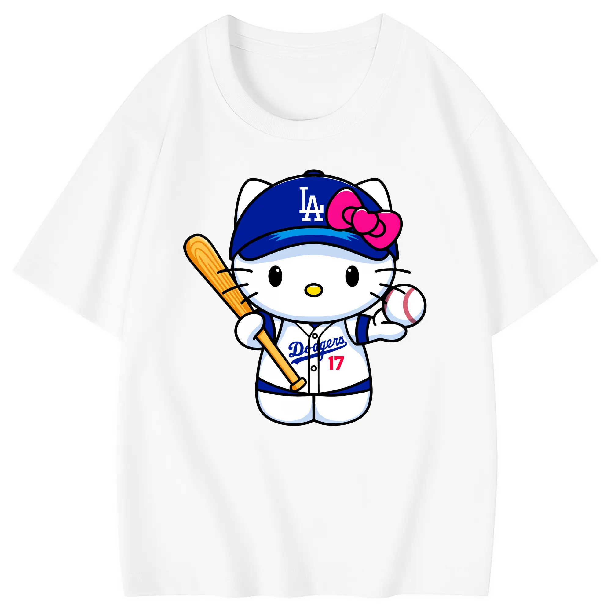 LA Dodgers Hello Kitty MLB Team - Combed Cotton Kids T-Shirt 180g With Front Heat Transfer Print – Soft, Lightweight, Side-Seamed Design – Stylish And Comfortable Casual Wear For Everyday Activities