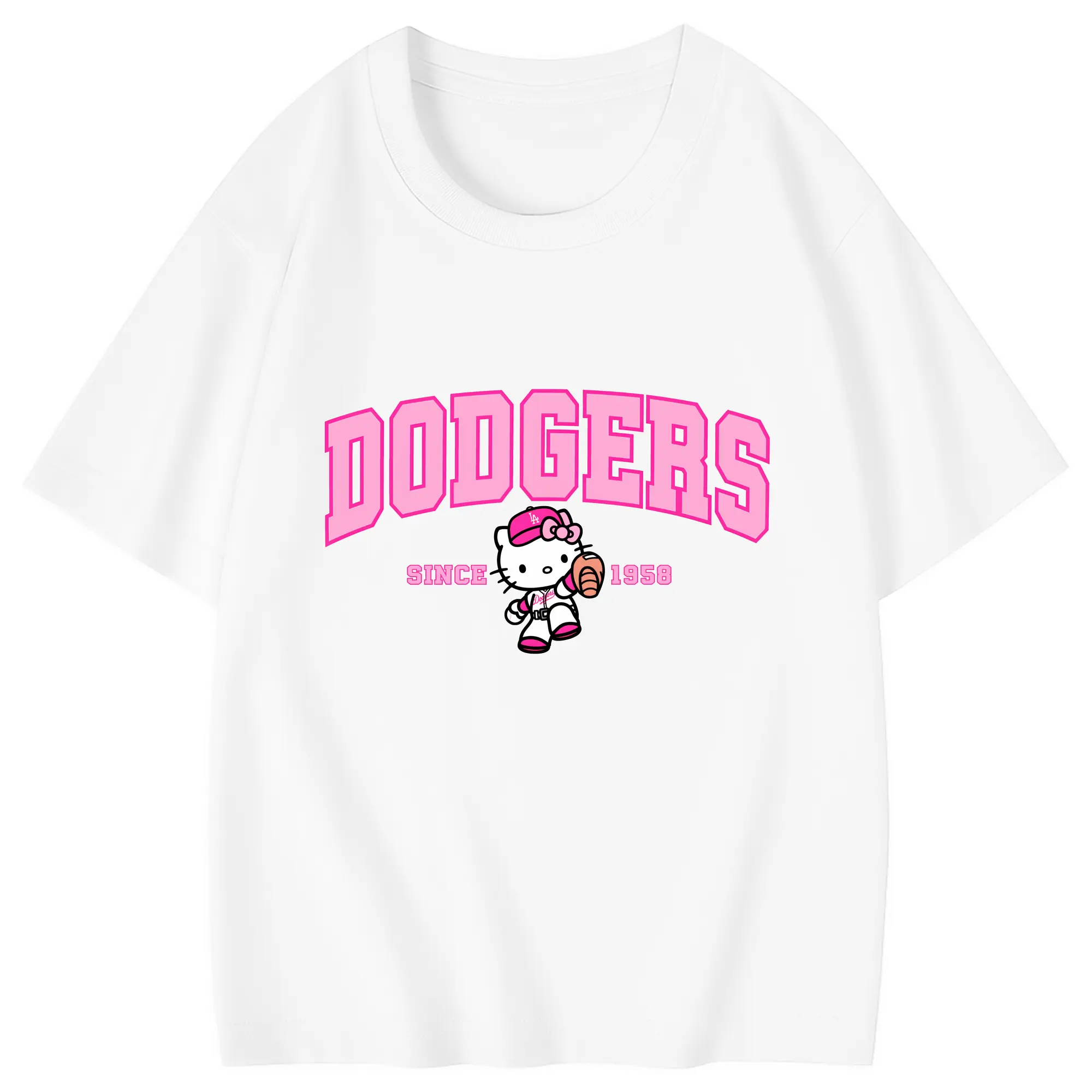 Pink Baseball Hello Kitty Dodgers - Combed Cotton Kids T-Shirt 180g With Front Heat Transfer Print – Soft, Lightweight, Side-Seamed Design – Stylish And Comfortable Casual Wear For Everyday Activities