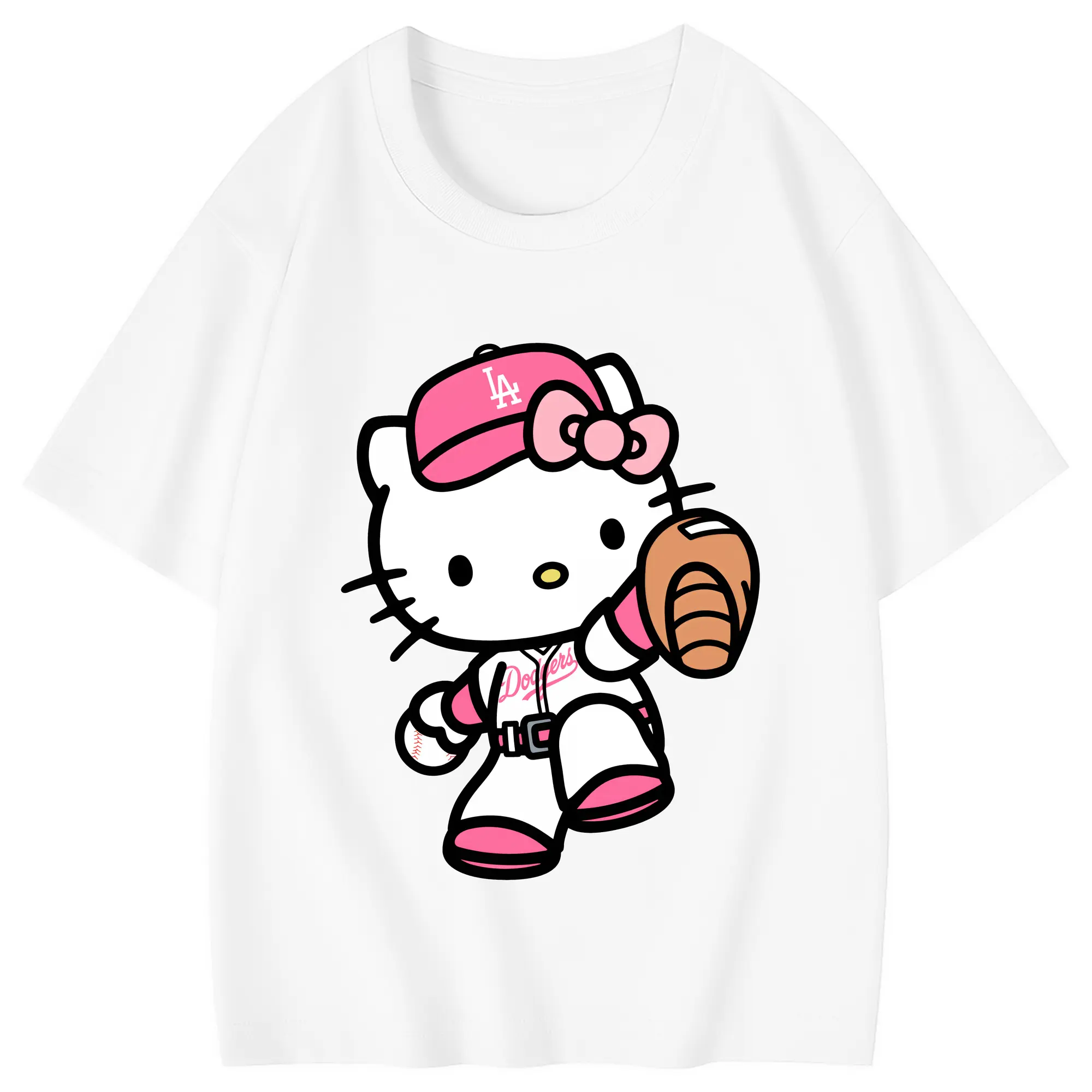 Pink Hello Kitty Play Baseball Los Angeles Dodgers - Combed Cotton Kids T-Shirt 180g With Front Heat Transfer Print – Soft, Lightweight, Side-Seamed Design – Stylish And Comfortable Casual Wear For Everyday Activities