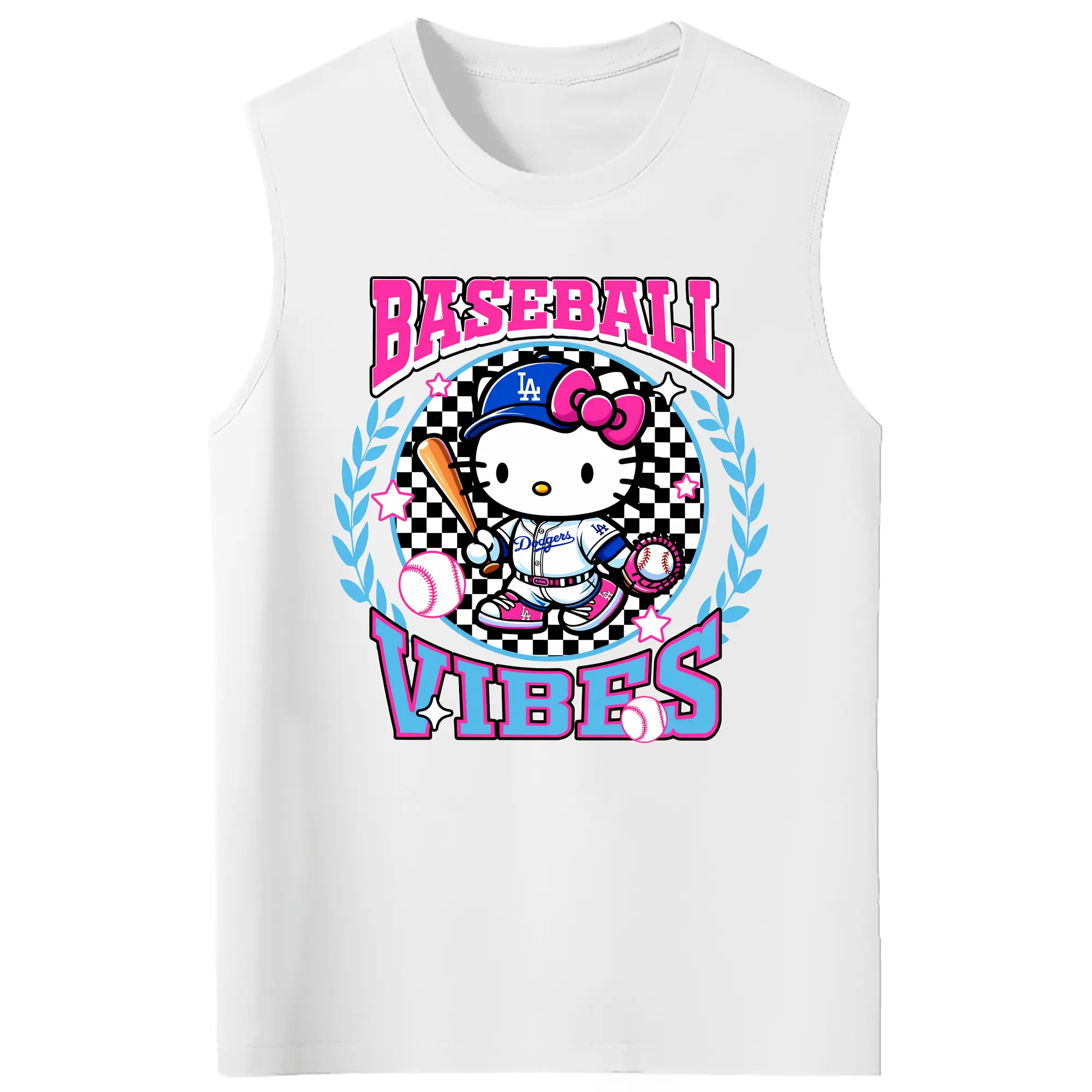 Baseball Vibes Hello Kitty Los Angeles Dodgers - 210g Combed Cotton Tank Top With Front Heat Transfer Print – Soft, Lightweight, Fitted Design – Stylish & Comfortable Casual Wear For Sports & Everyday Use