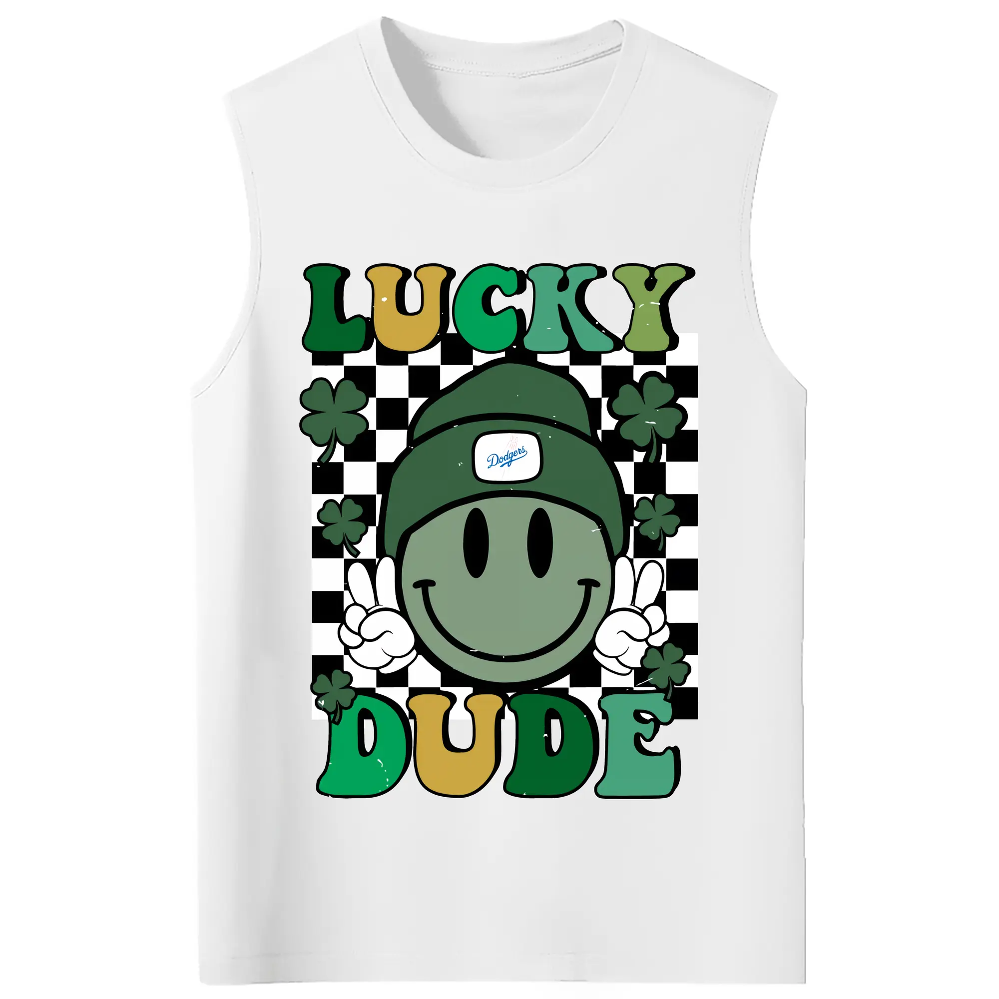 Happy Face Lucky Dude Los Angeles Dodgers - 210g Combed Cotton Tank Top With Front Heat Transfer Print – Soft, Lightweight, Fitted Design – Stylish & Comfortable Casual Wear For Sports & Everyday Use