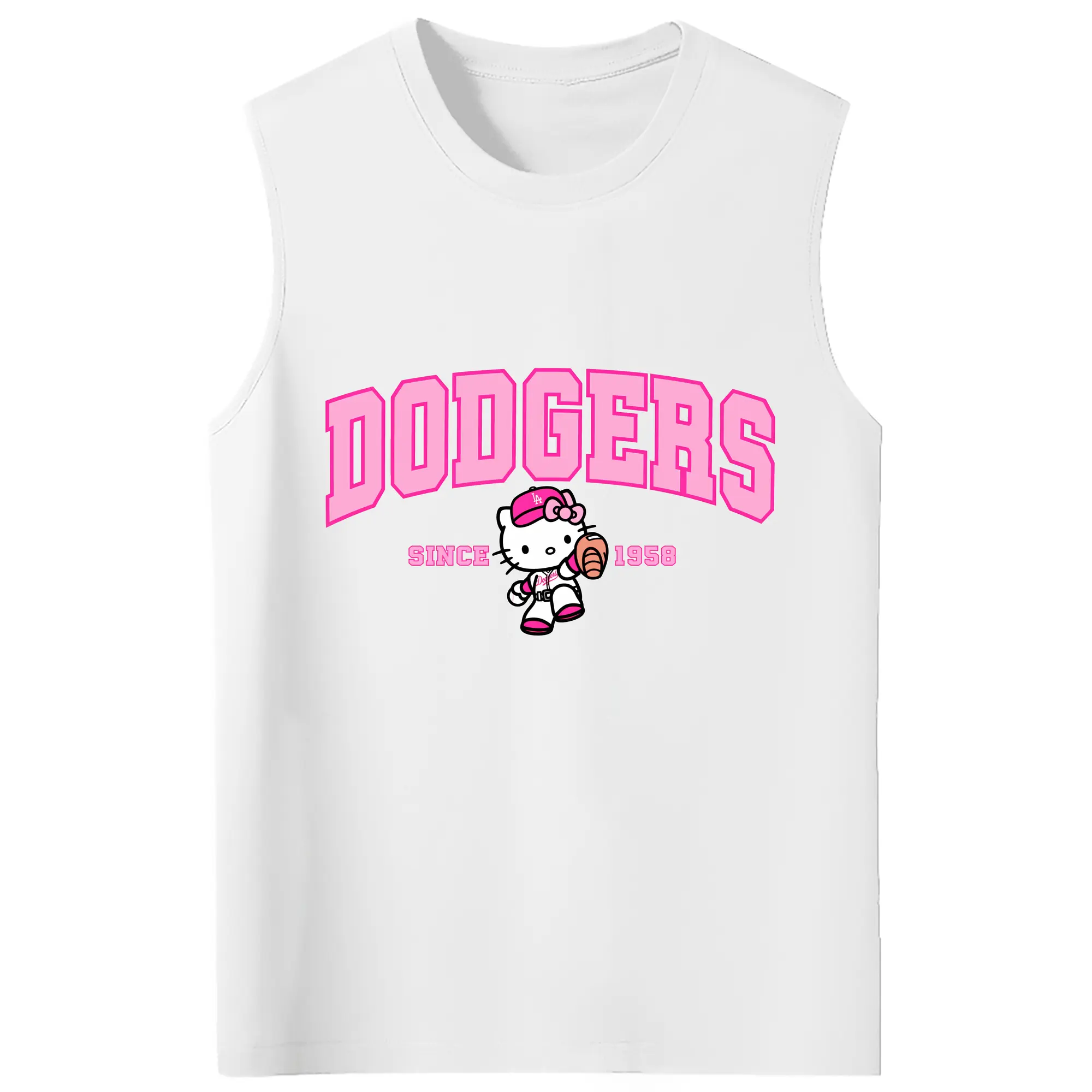 Pink Baseball Hello Kitty Dodgers - 210g Combed Cotton Tank Top With Front Heat Transfer Print – Soft, Lightweight, Fitted Design – Stylish & Comfortable Casual Wear For Sports & Everyday Use