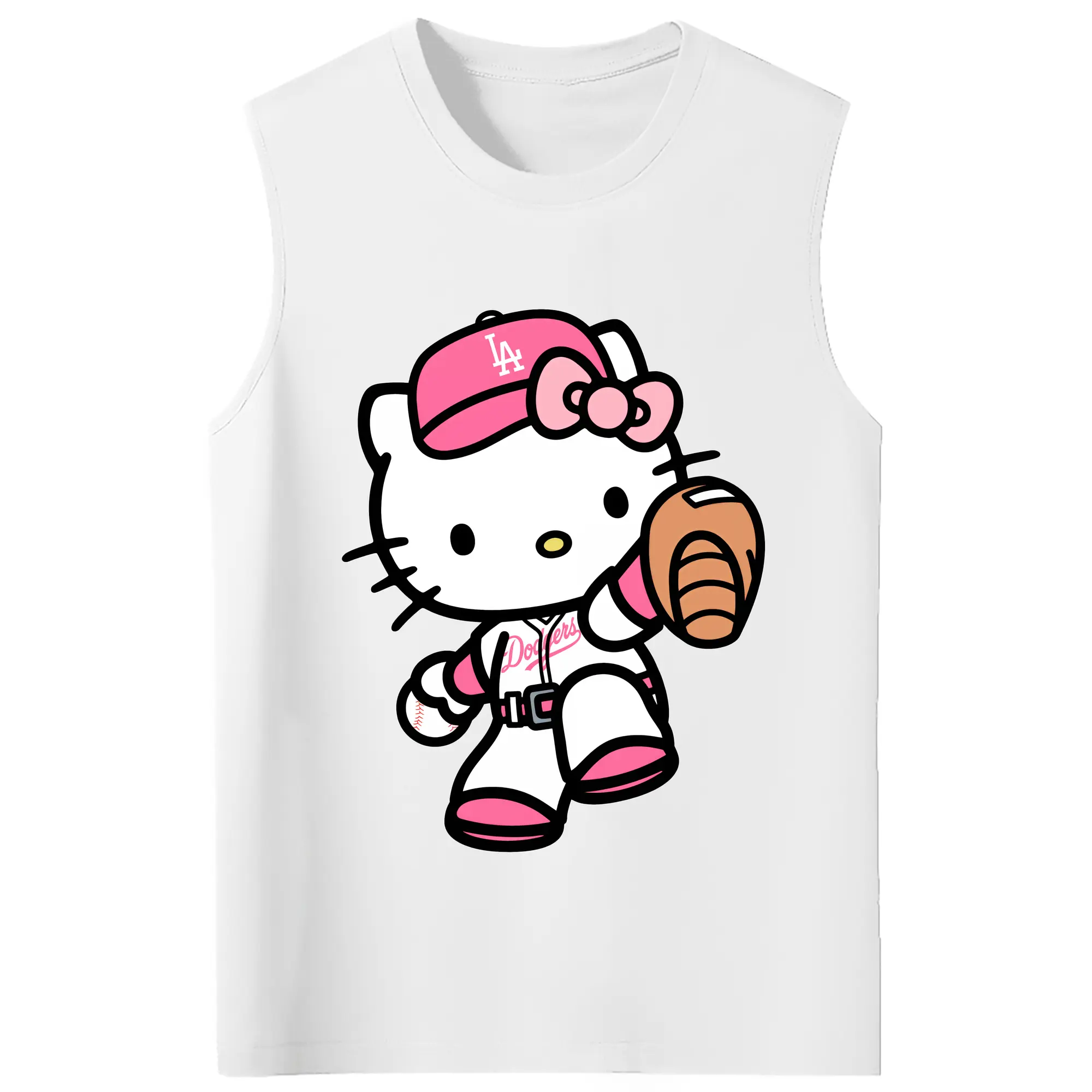 Pink Hello Kitty Play Baseball Los Angeles Dodgers - 210g Combed Cotton Tank Top With Front Heat Transfer Print – Soft, Lightweight, Fitted Design – Stylish & Comfortable Casual Wear For Sports & Everyday Use