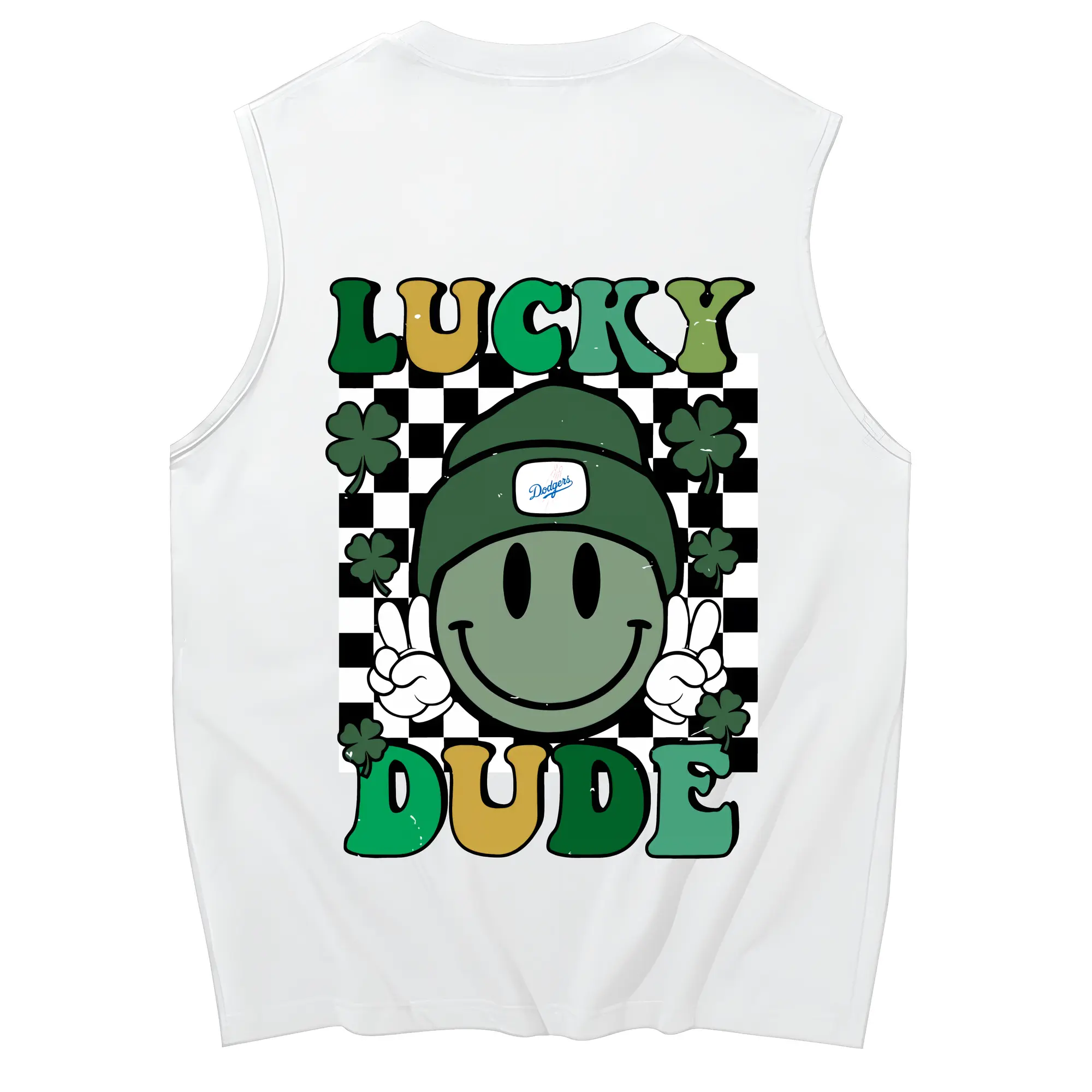 Happy Face Lucky Dude Los Angeles Dodgers - 230g Pure Cotton Tank Top With Back Heat Transfer Print – Soft, Lightweight, Fitted Design – Stylish & Comfortable Casual Wear For Sports & Everyday Use