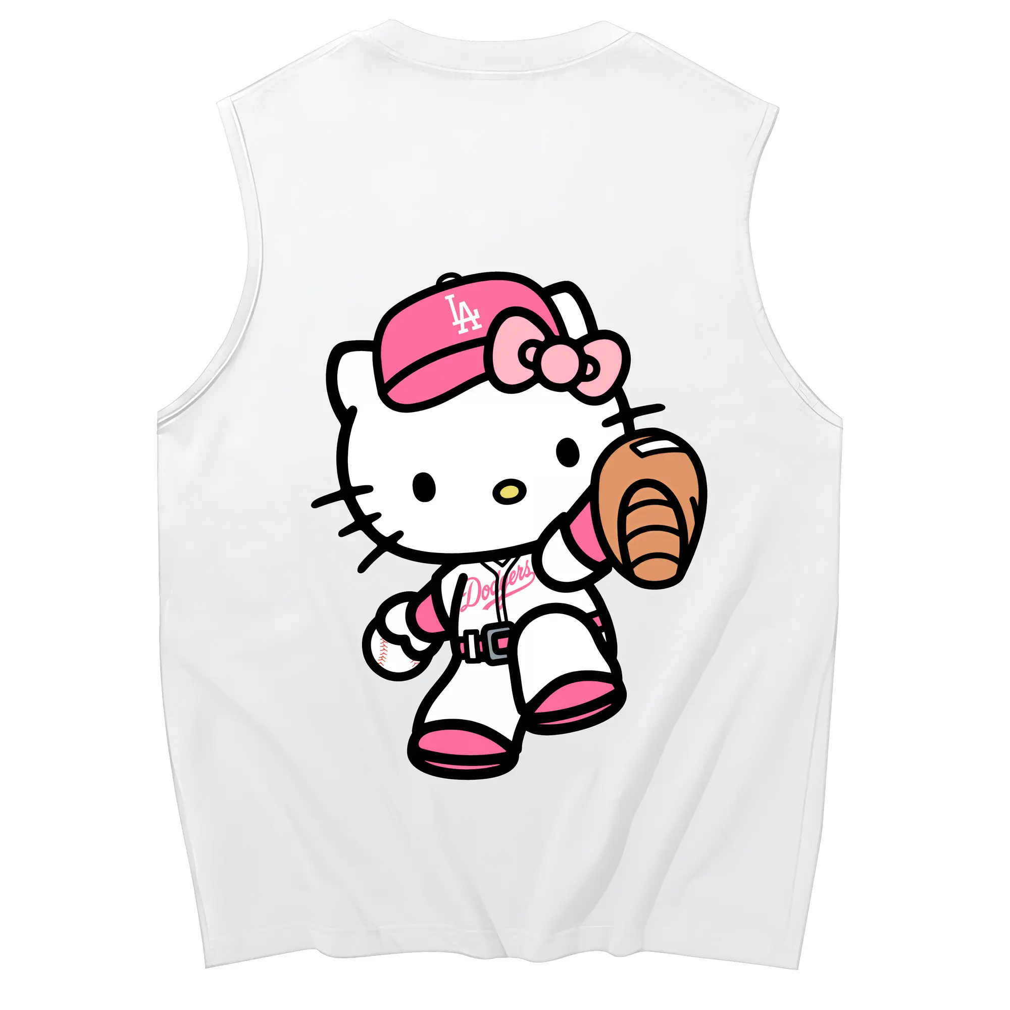 Pink Hello Kitty Play Baseball Los Angeles Dodgers - 230g Pure Cotton Tank Top With Back Heat Transfer Print – Soft, Lightweight, Fitted Design – Stylish & Comfortable Casual Wear For Sports & Everyday Use