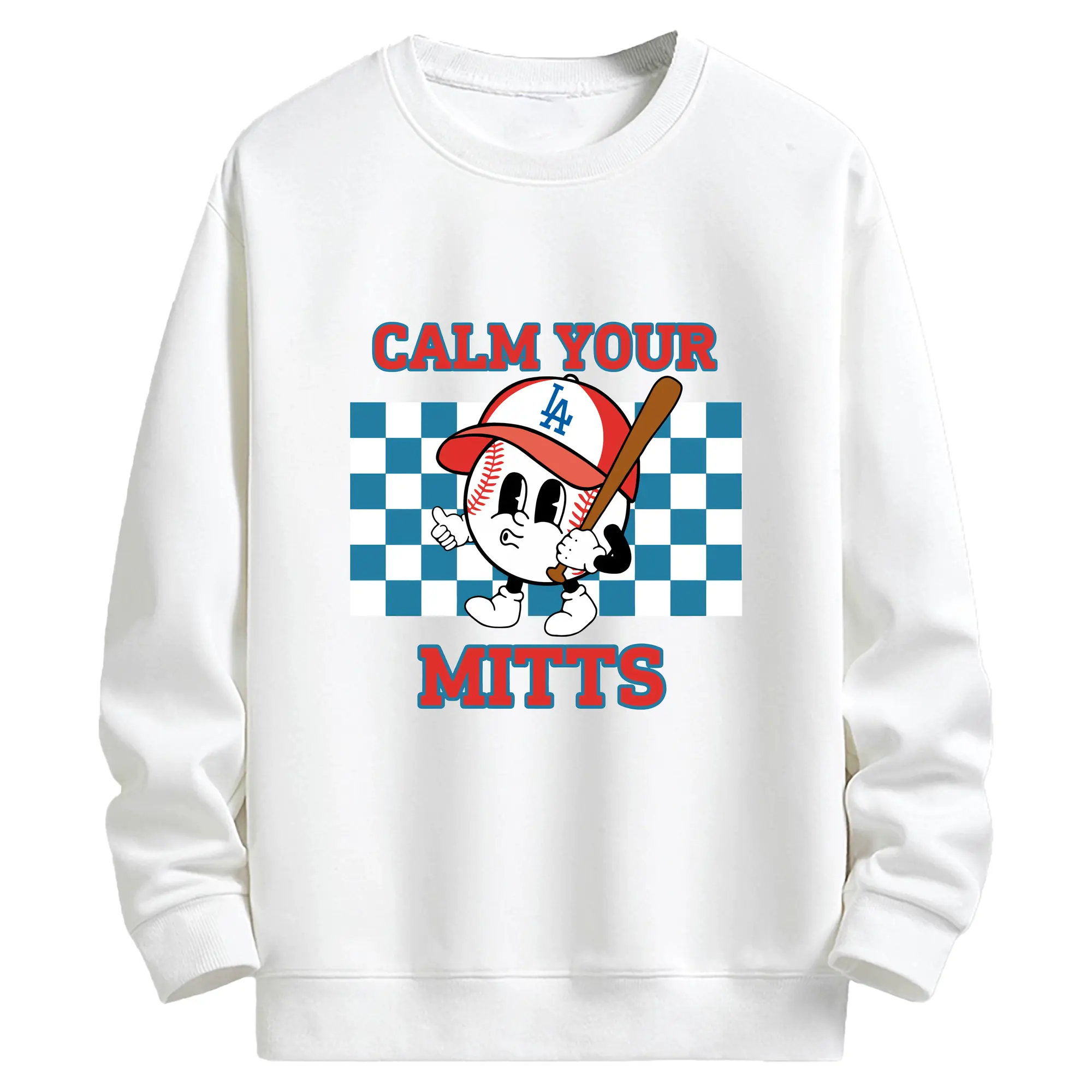 Baseball Calm Your Mitts Los Angeles Dodgers - Kids Crewneck Sweatshirt With Front Heat Transfer Print – 80% Cotton 20% Polyester – Soft, Durable & Comfortable – Ideal For Sports, Casual Wear & Everyday Activities