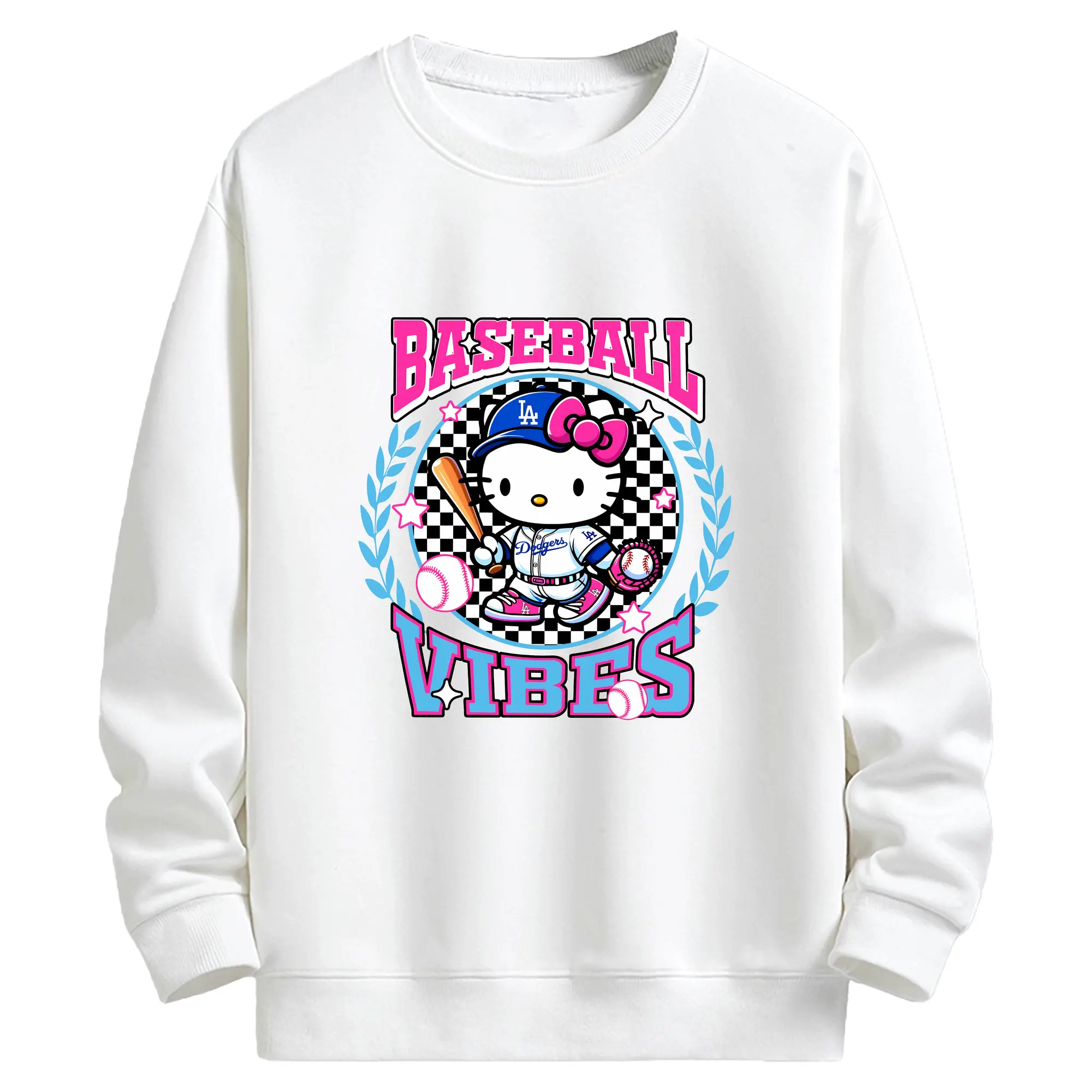 Baseball Vibes Hello Kitty Los Angeles Dodgers - Kids Crewneck Sweatshirt With Front Heat Transfer Print – 80% Cotton 20% Polyester – Soft, Durable & Comfortable – Ideal For Sports, Casual Wear & Everyday Activities
