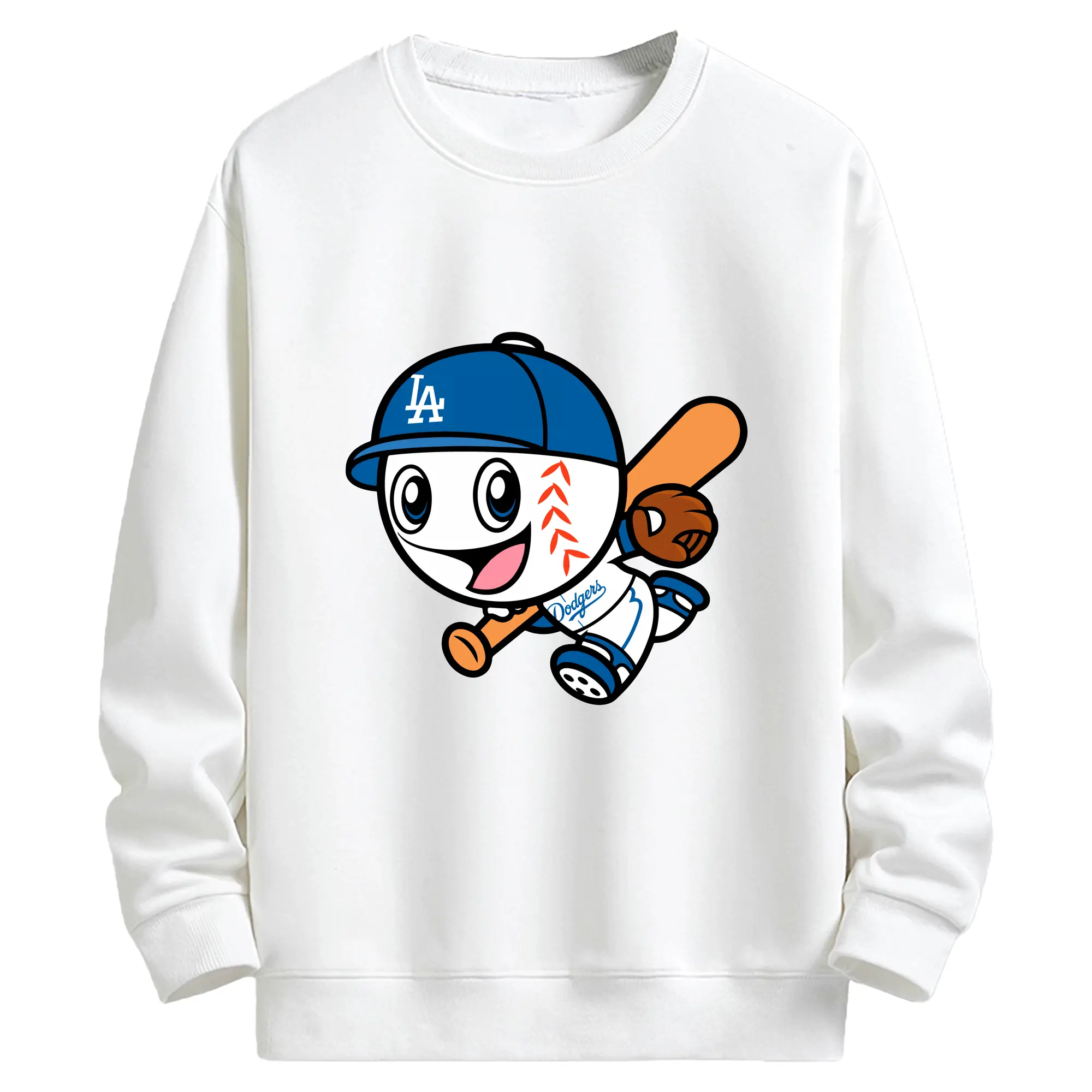 Cute Mr Dodger Running Play Baseball - Kids Crewneck Sweatshirt With Front Heat Transfer Print – 80% Cotton 20% Polyester – Soft, Durable & Comfortable – Ideal For Sports, Casual Wear & Everyday Activities